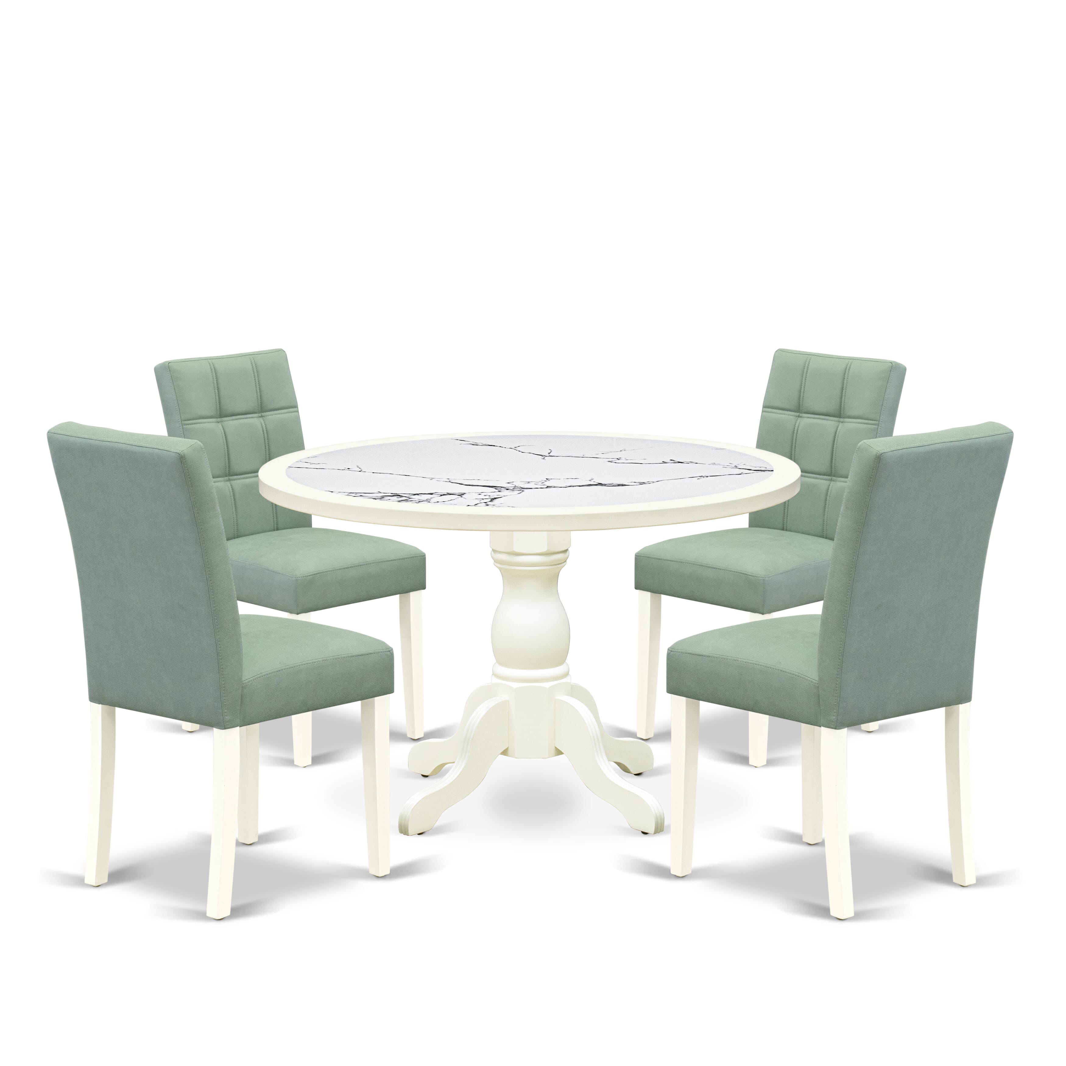 Luxe by East West Furniture 48AS5-204-43 5-Pc Dining Table Set Include a Dining Table with Veined Marble Pattern Tabletop and 4 Willow Green Faux Leather Chairs, Linen white