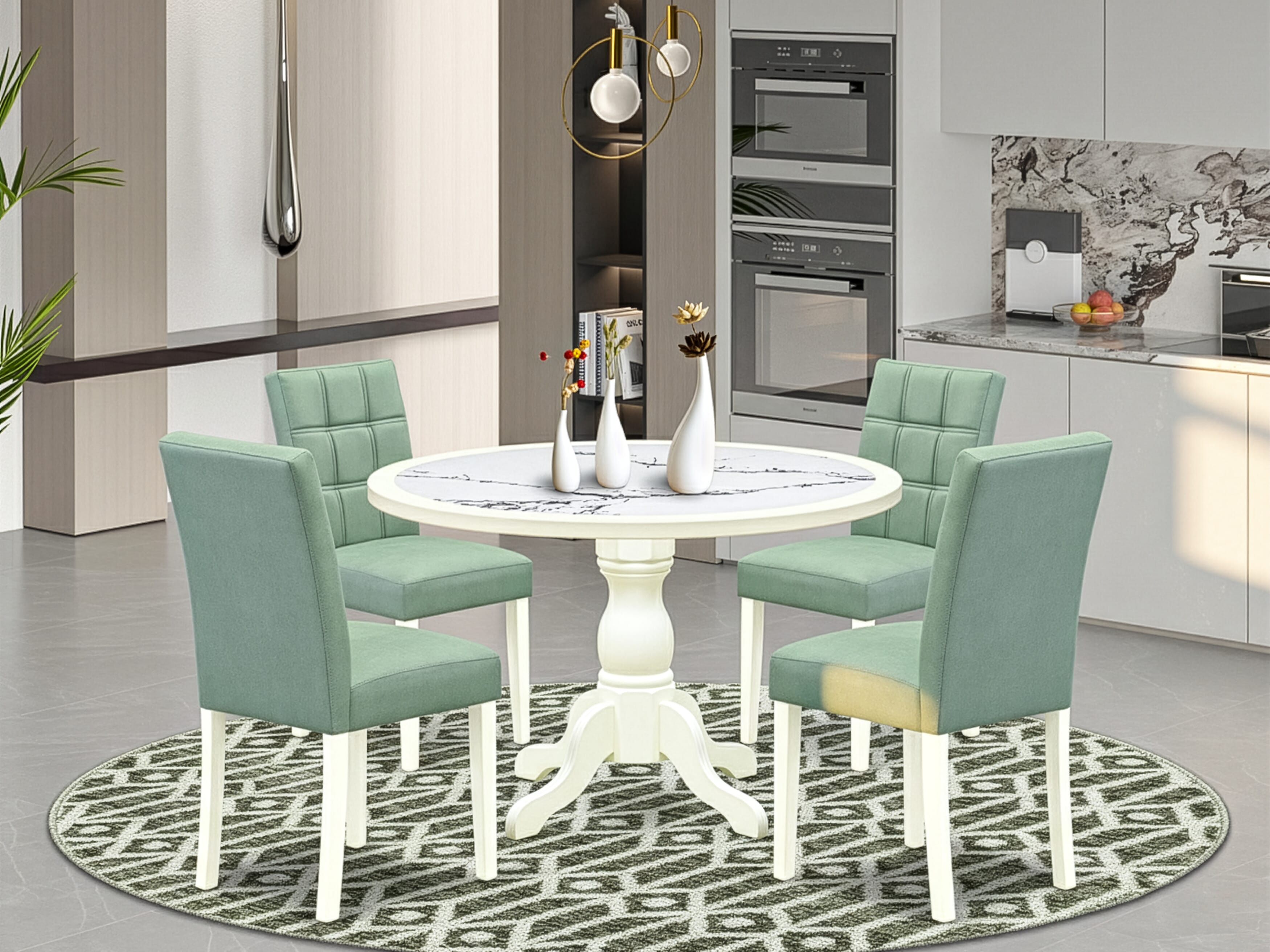 Luxe by East West Furniture 48AS5-204-43 5-Pc Dining Table Set Include a Dining Table with Veined Marble Pattern Tabletop and 4 Willow Green Faux Leather Chairs, Linen white