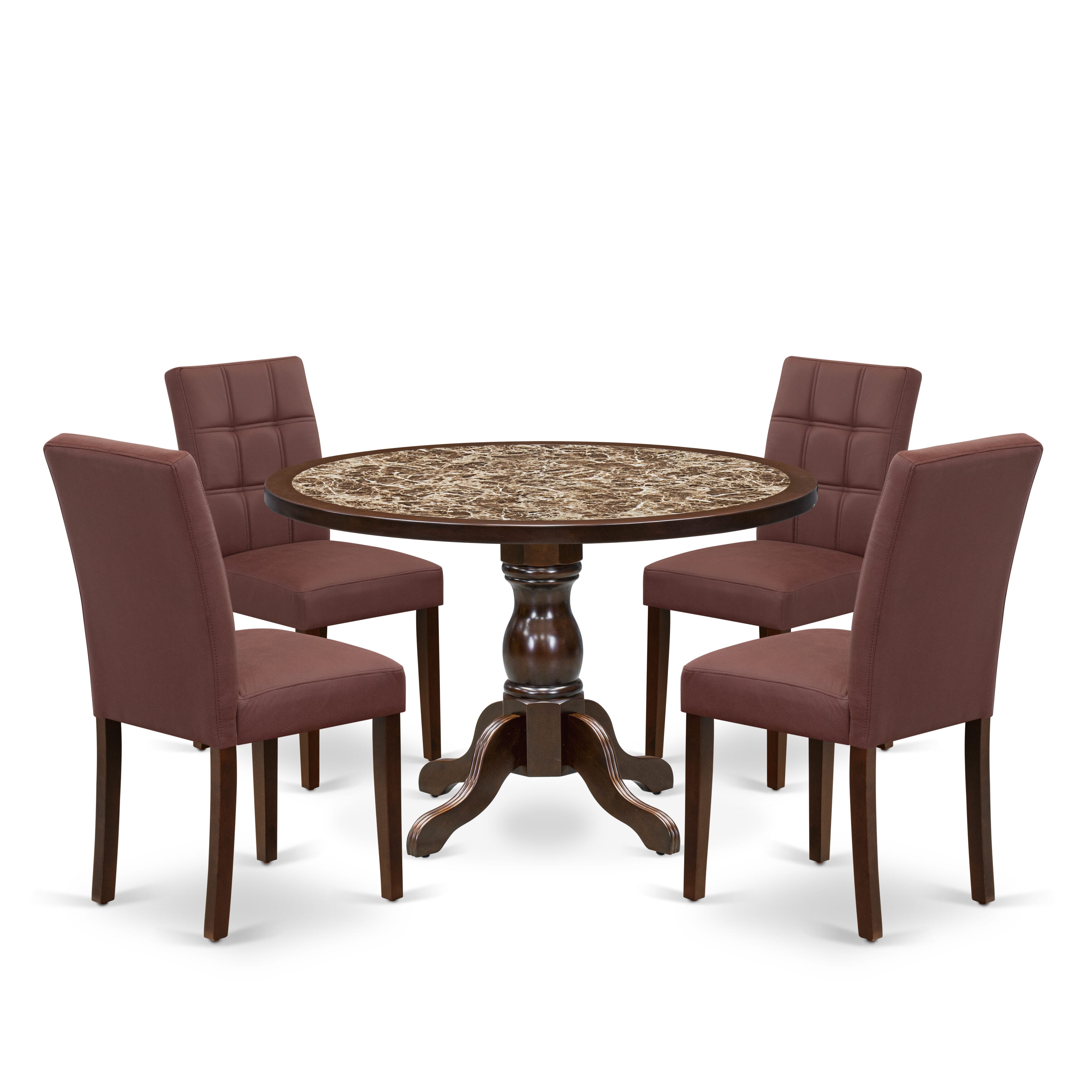 Luxe by East West Furniture 48AS5-312-26 5-Pc Modern Dining Set Include a Dining Table with Rippled Sand Marble Pattern Tabletop and 4 Burgundy Faux Leather Chairs, Mahogany