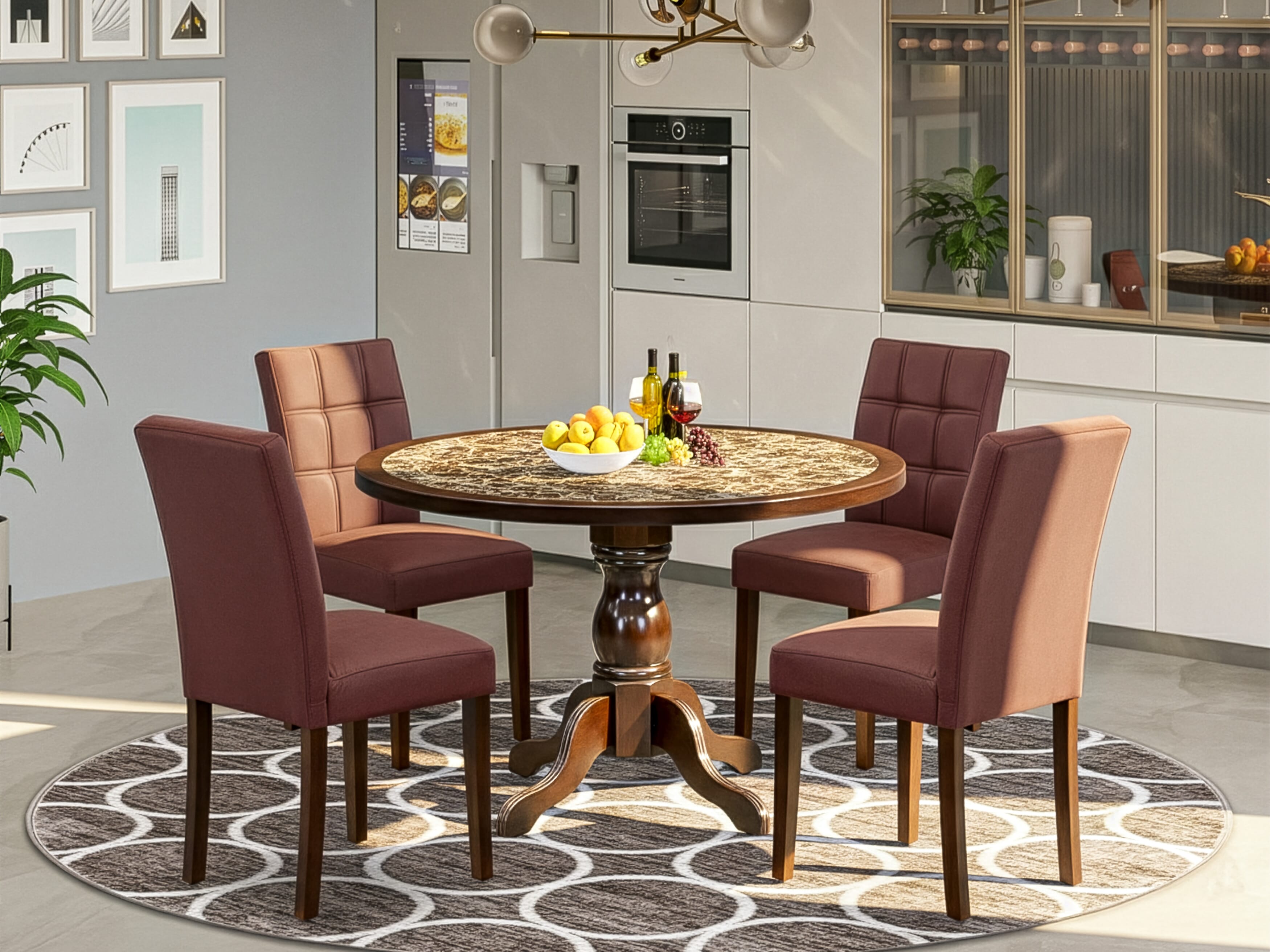 Luxe by East West Furniture 48AS5-312-26 5-Pc Modern Dining Set Include a Dining Table with Rippled Sand Marble Pattern Tabletop and 4 Burgundy Faux Leather Chairs, Mahogany