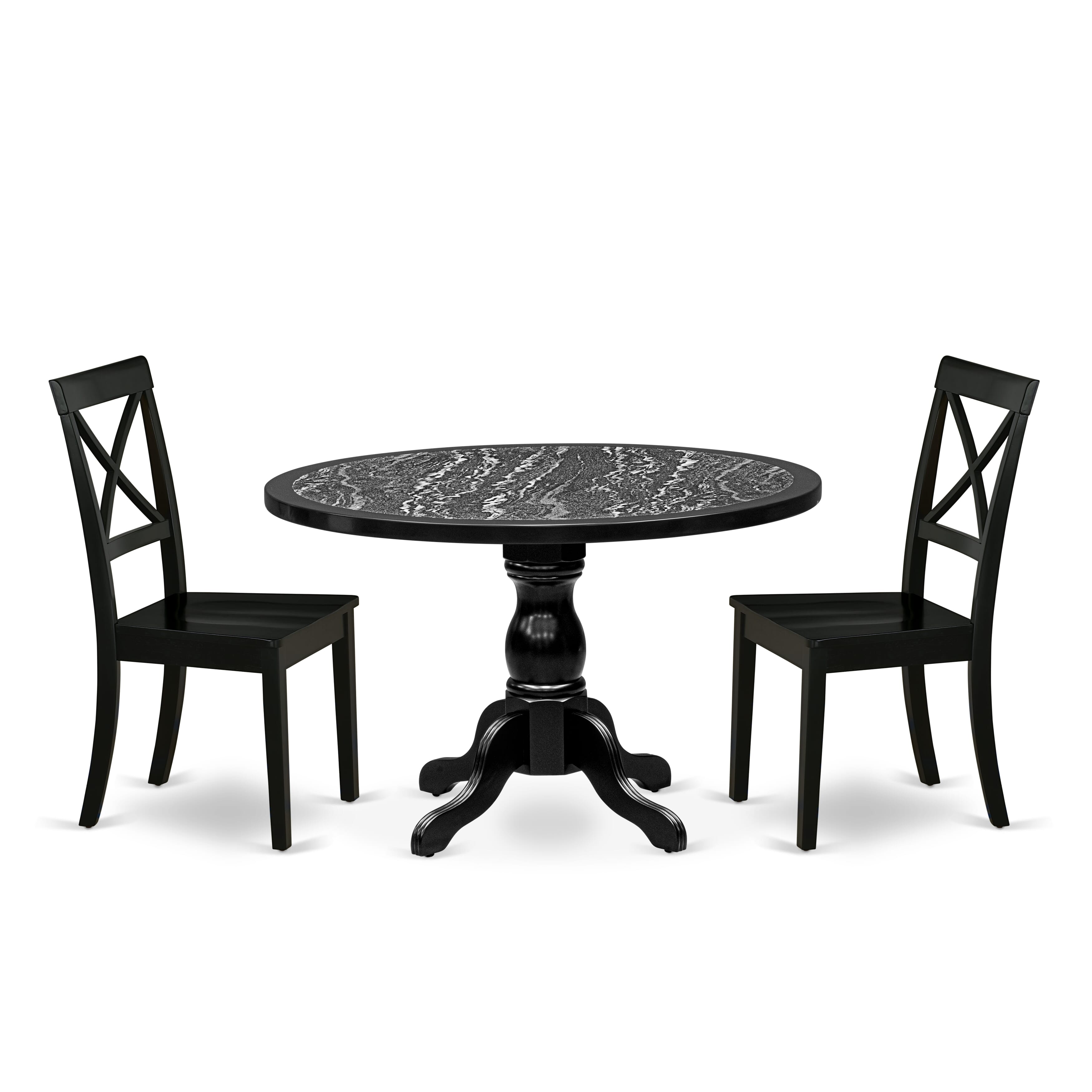 Luxe by East West Furniture 48BO3-109-W 3-piece mid-century kitchen set Consists a pedestal dining table and 2 X-Back kitchen chairs, Black finish.