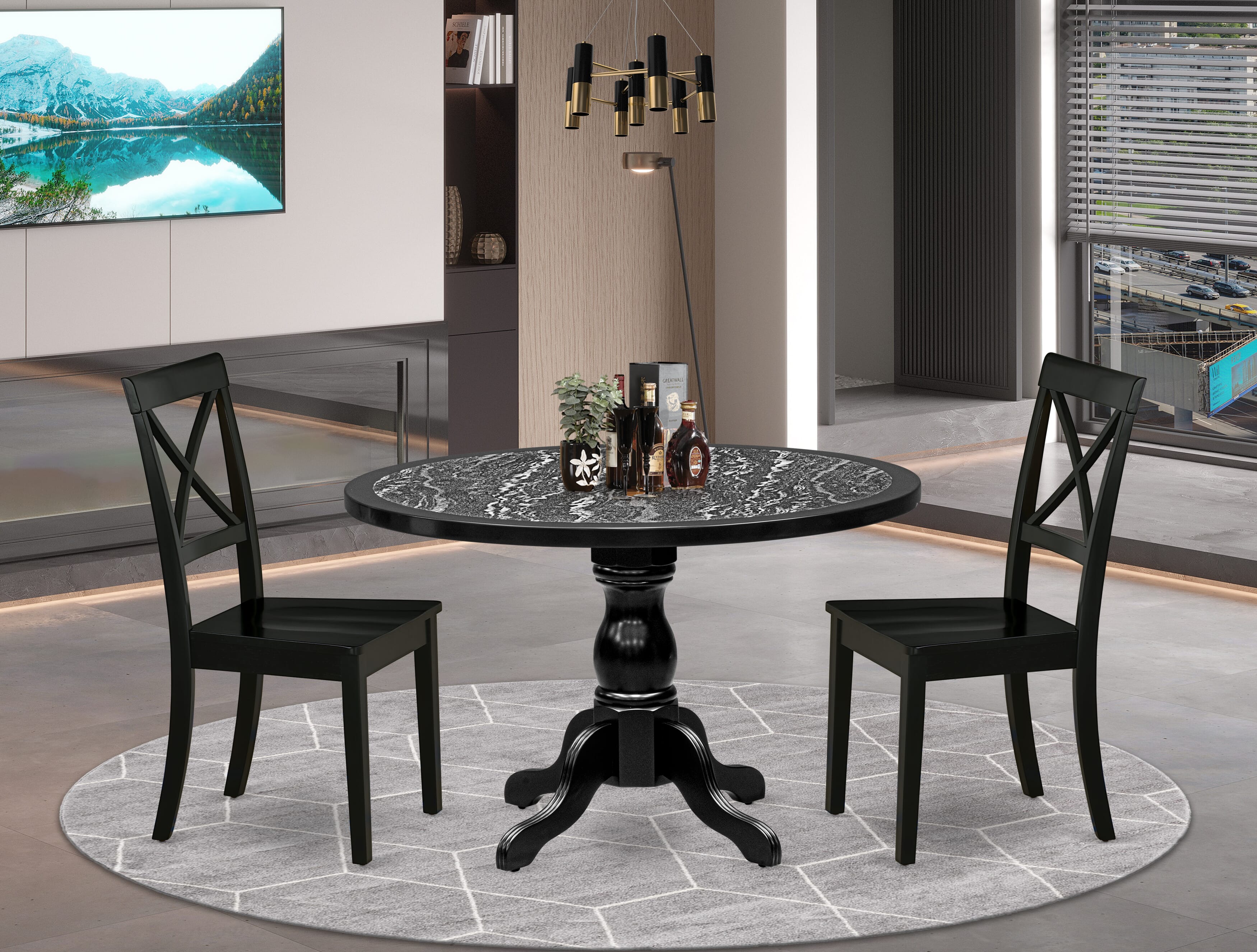 Luxe by East West Furniture 48BO3-109-W 3-piece mid-century kitchen set Consists a pedestal dining table and 2 X-Back kitchen chairs, Black finish.