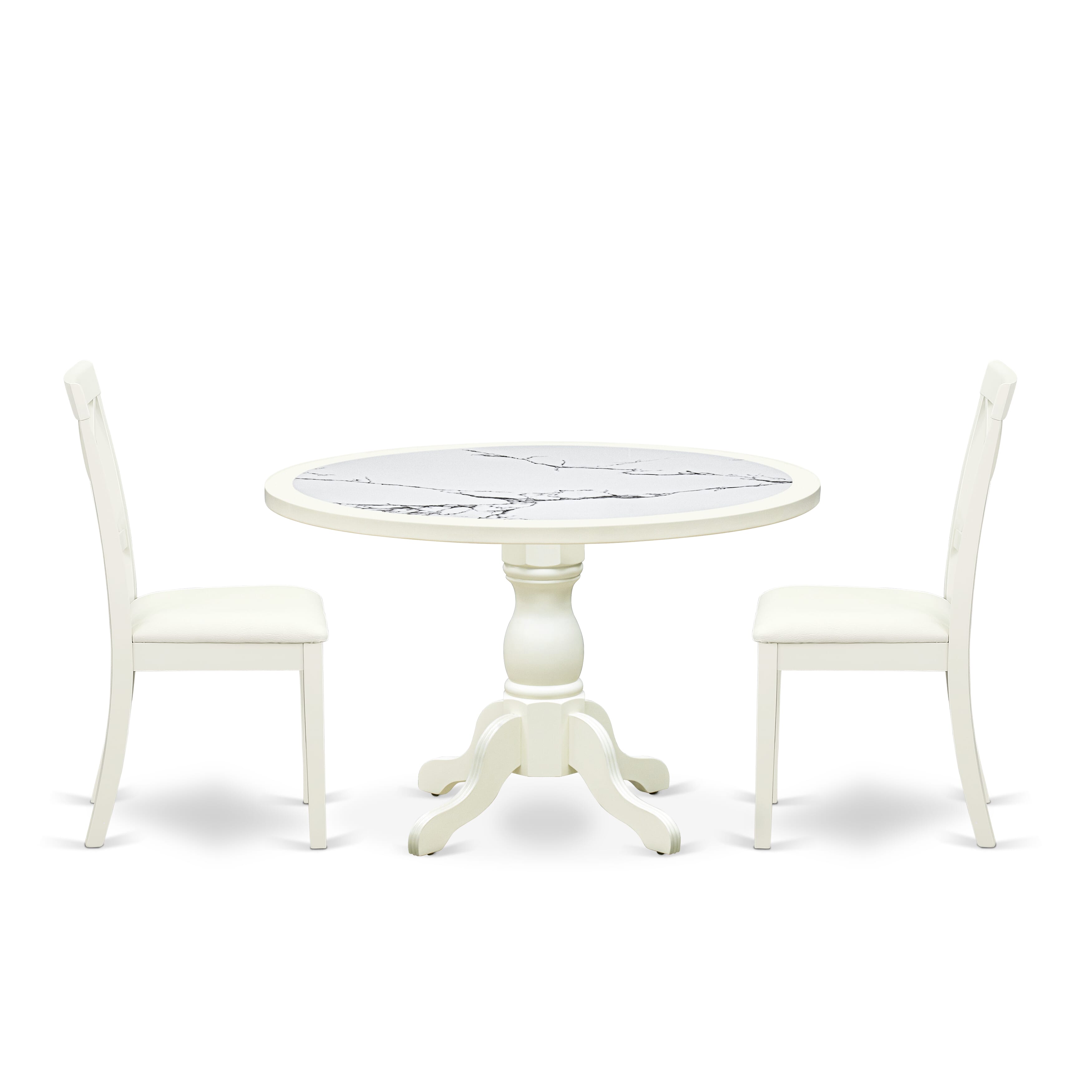 Luxe by East West Furniture 48BO3-204-LC 3-Pc Modern Dining Table Set Include a Dining Table with Veined Marble Pattern Tabletop and 2 Linen white Faux Leather Chairs, Linen white