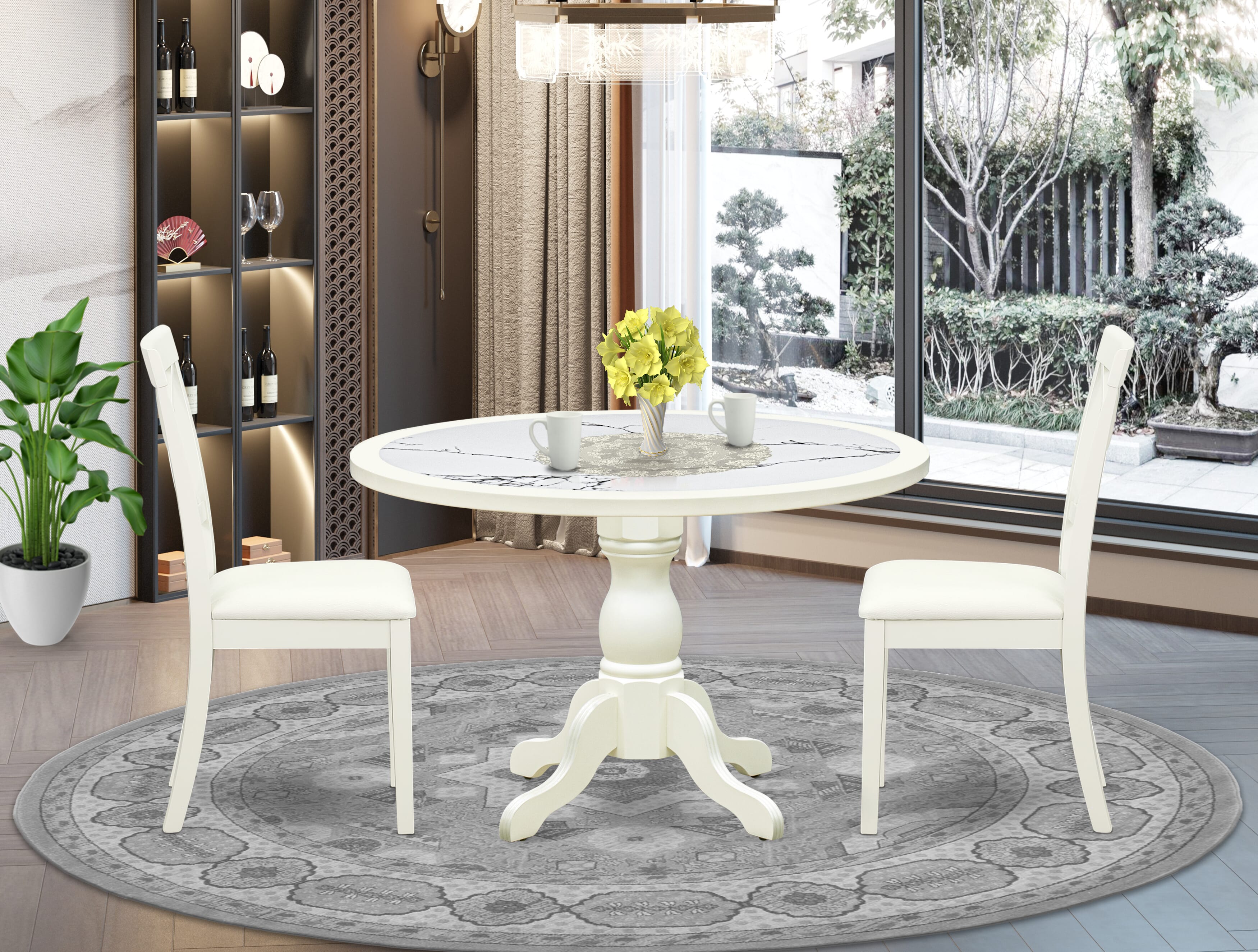 Luxe by East West Furniture 48BO3-204-LC 3-Pc Modern Dining Table Set Include a Dining Table with Veined Marble Pattern Tabletop and 2 Linen white Faux Leather Chairs, Linen white