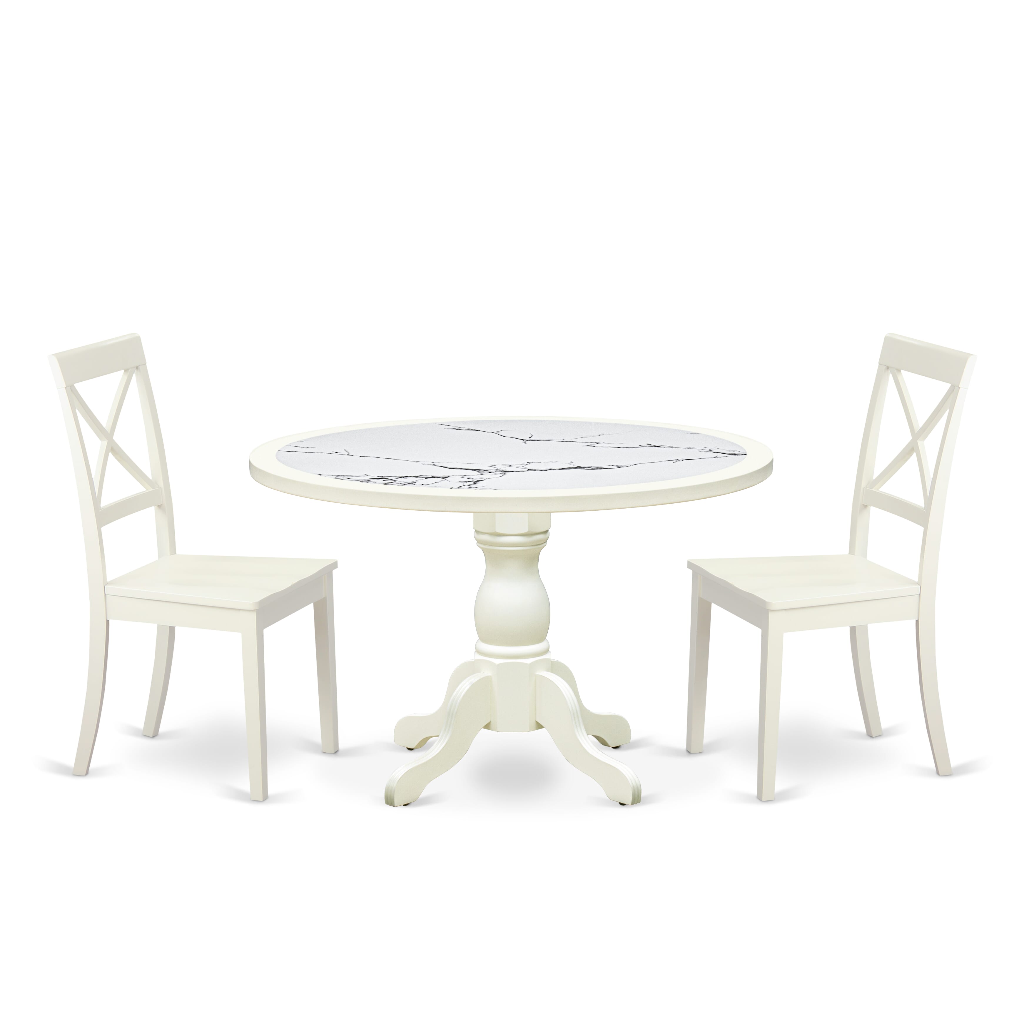 Luxe by East West Furniture 48BO3-204-W 3-Pc Mid Century Dining Set Include a Dining Table with Veined Marble Pattern Tabletop and 2 Wooden Chairs, Linen white