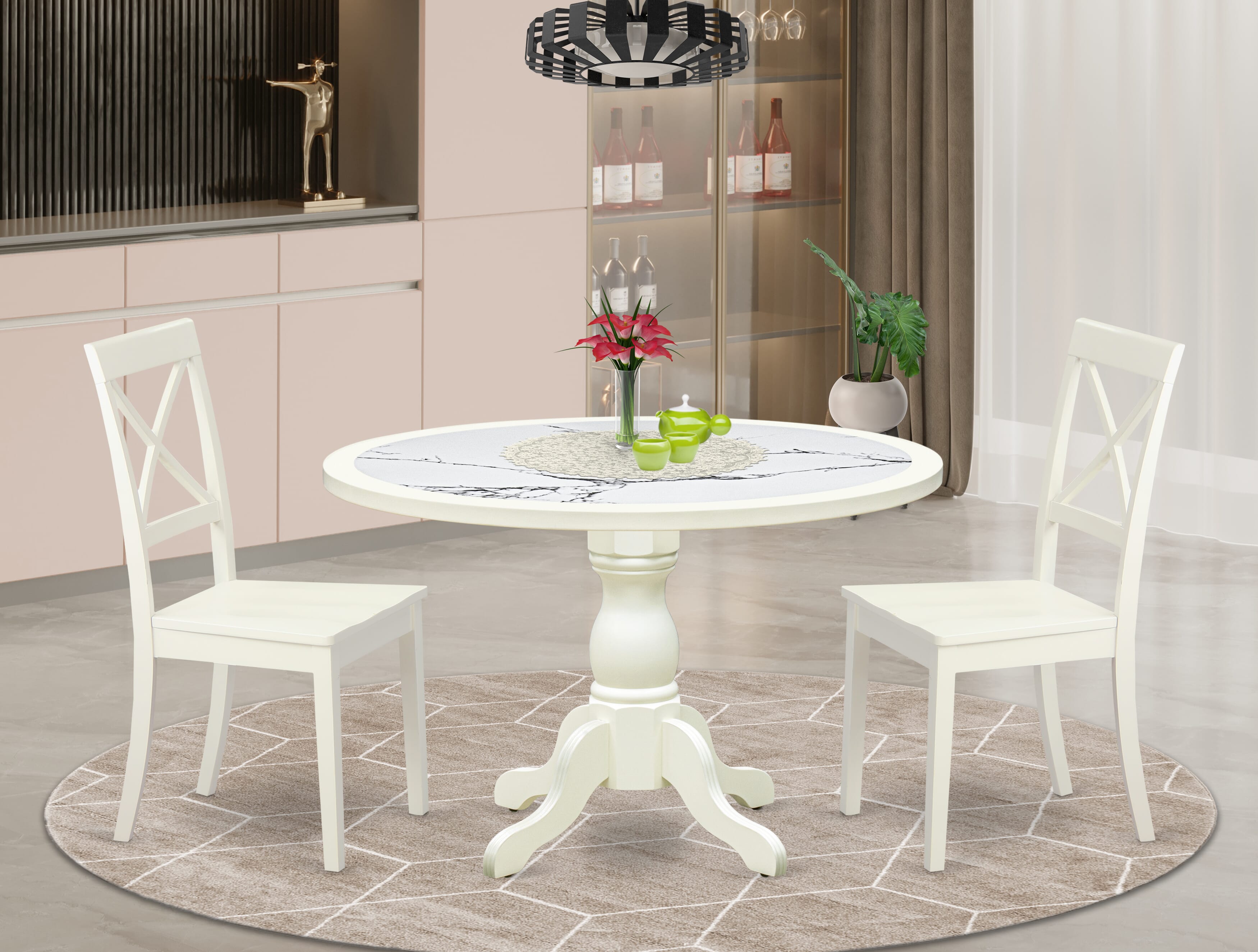 Luxe by East West Furniture 48BO3-204-W 3-Pc Mid Century Dining Set Include a Dining Table with Veined Marble Pattern Tabletop and 2 Wooden Chairs, Linen white