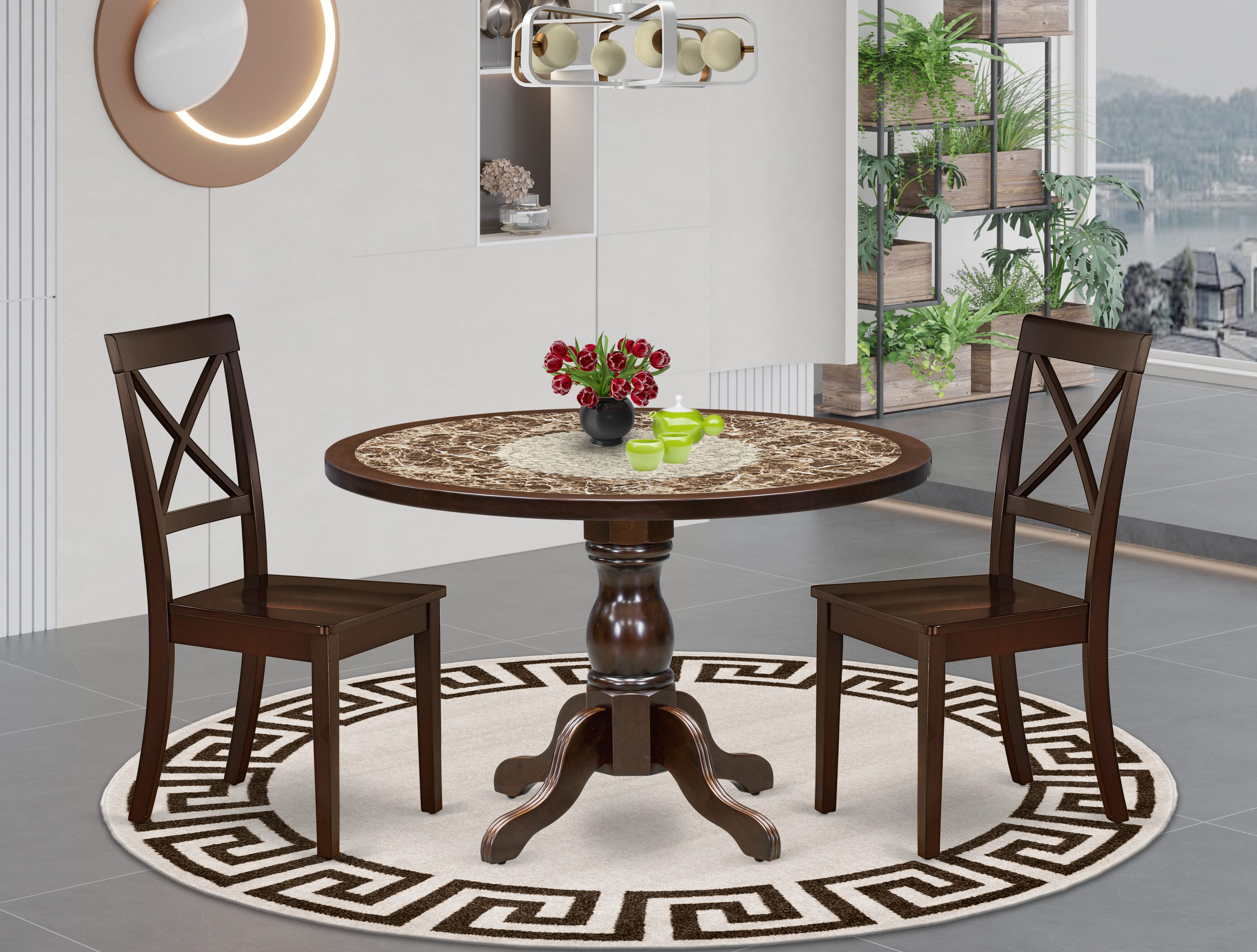 Luxe by East West Furniture 48BO3-312-W 3-Pc Mid Century Dining Set Include a Dining Table with Rippled Sand Marble Pattern Tabletop and 2 Wooden Chairs, Mahogany