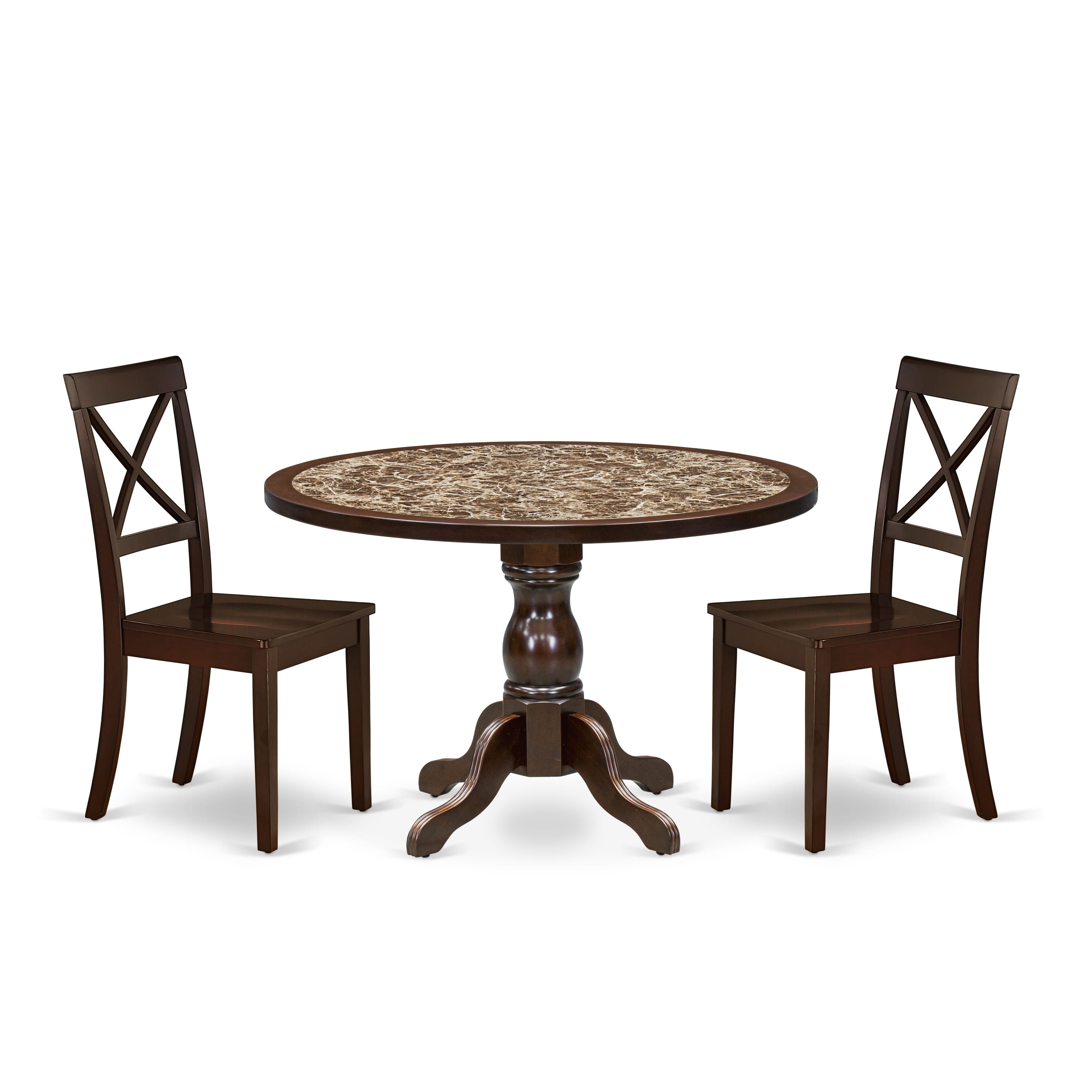 Luxe by East West Furniture 48BO3-312-W 3-Pc Mid Century Dining Set Include a Dining Table with Rippled Sand Marble Pattern Tabletop and 2 Wooden Chairs, Mahogany