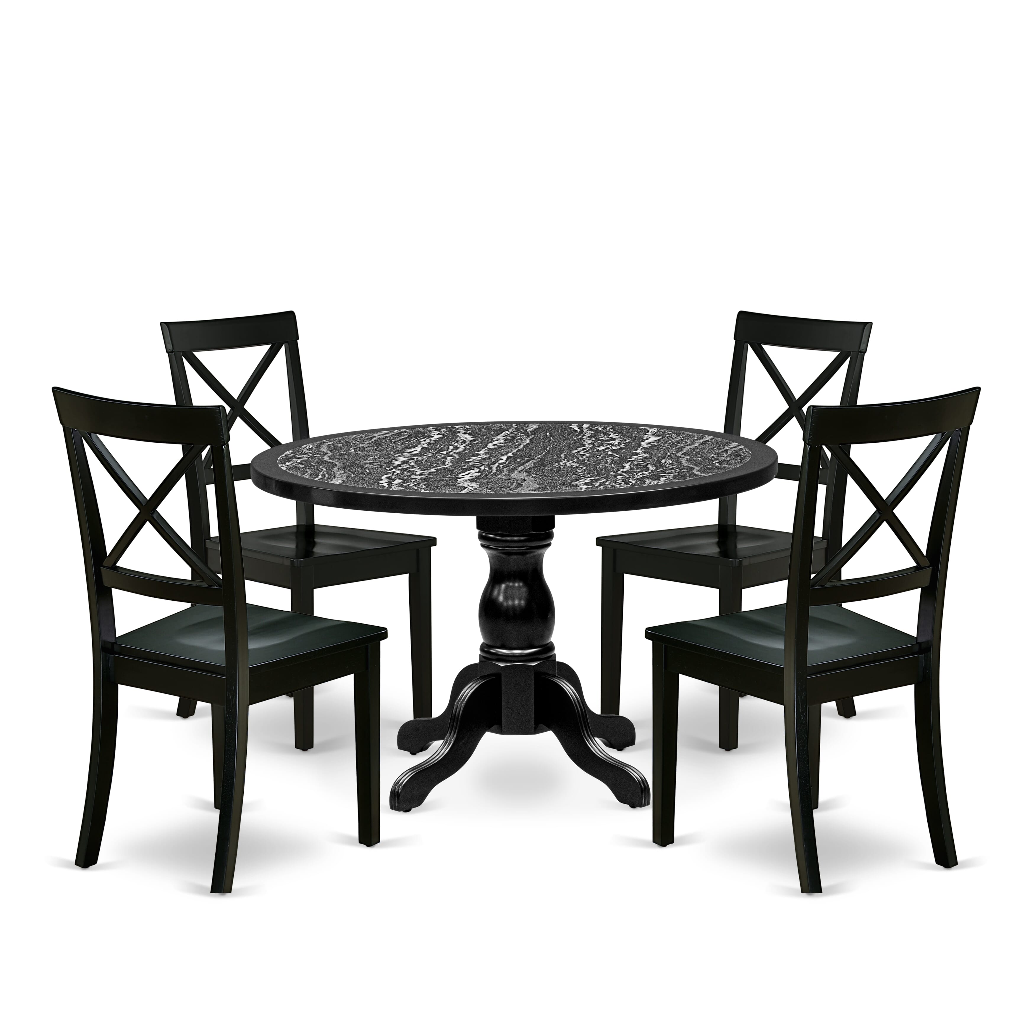 Luxe by East West Furniture 48BO5-109-W 5-piece dining table set includes a pedestal breakfast table and 4 X-Back dining chairs, Black finish.
