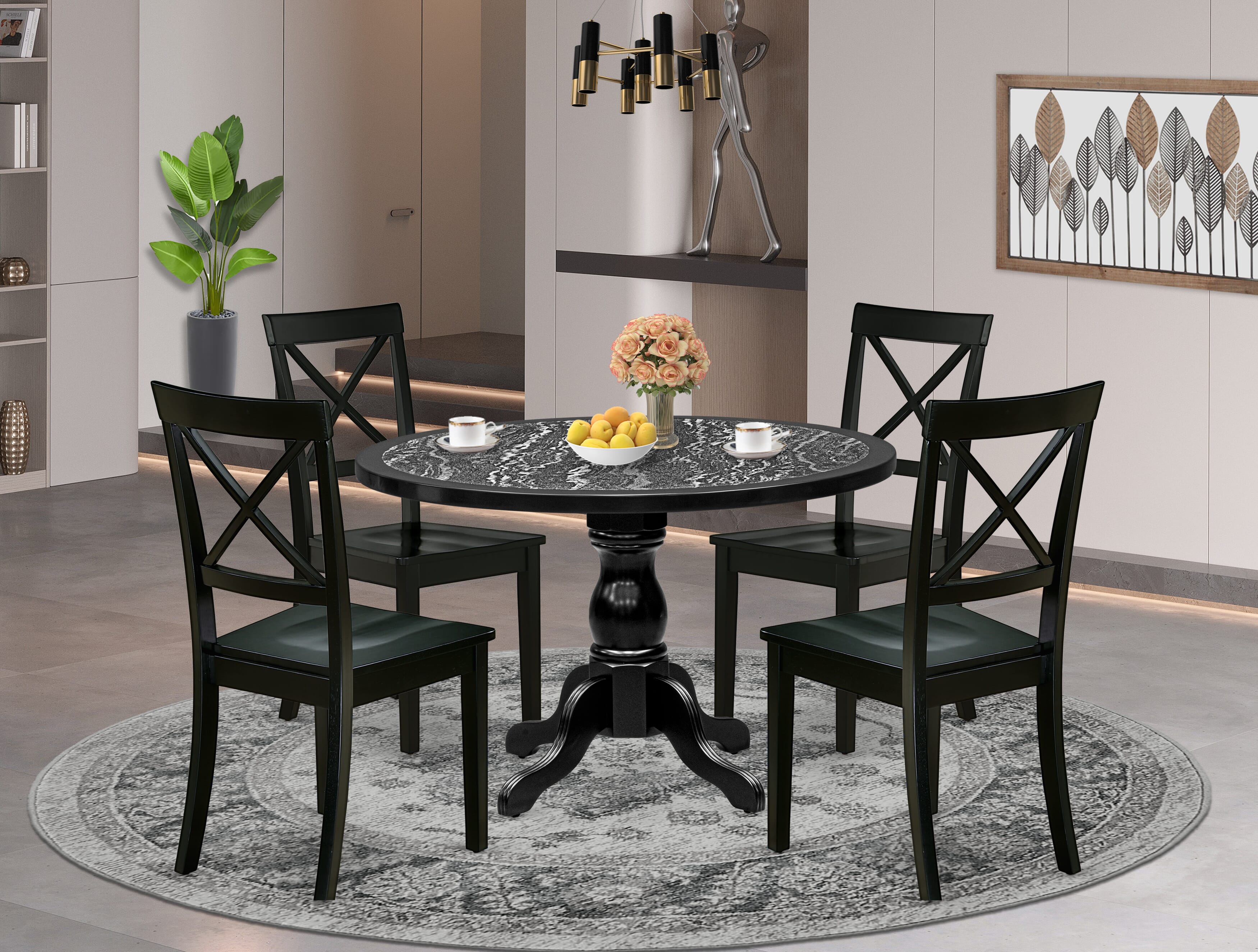 Luxe by East West Furniture 48BO5-109-W 5-piece dining table set includes a pedestal breakfast table and 4 X-Back dining chairs, Black finish.