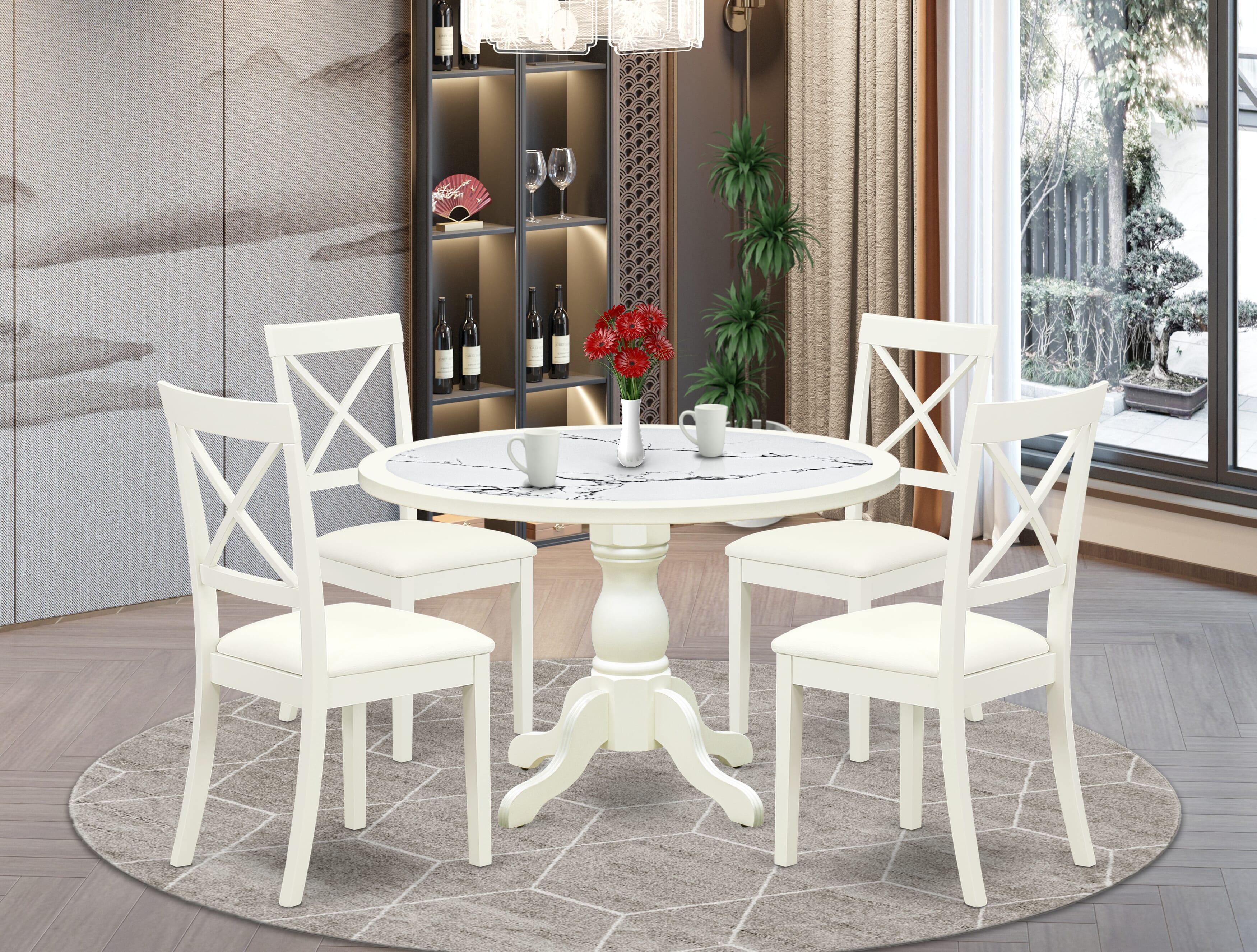 Luxe by East West Furniture 48BO5-204-LC 5-Pc Modern Dining Set Include a Dining Table with Veined Marble Pattern Tabletop and 4 Linen white Faux Leather Chairs, Linen white