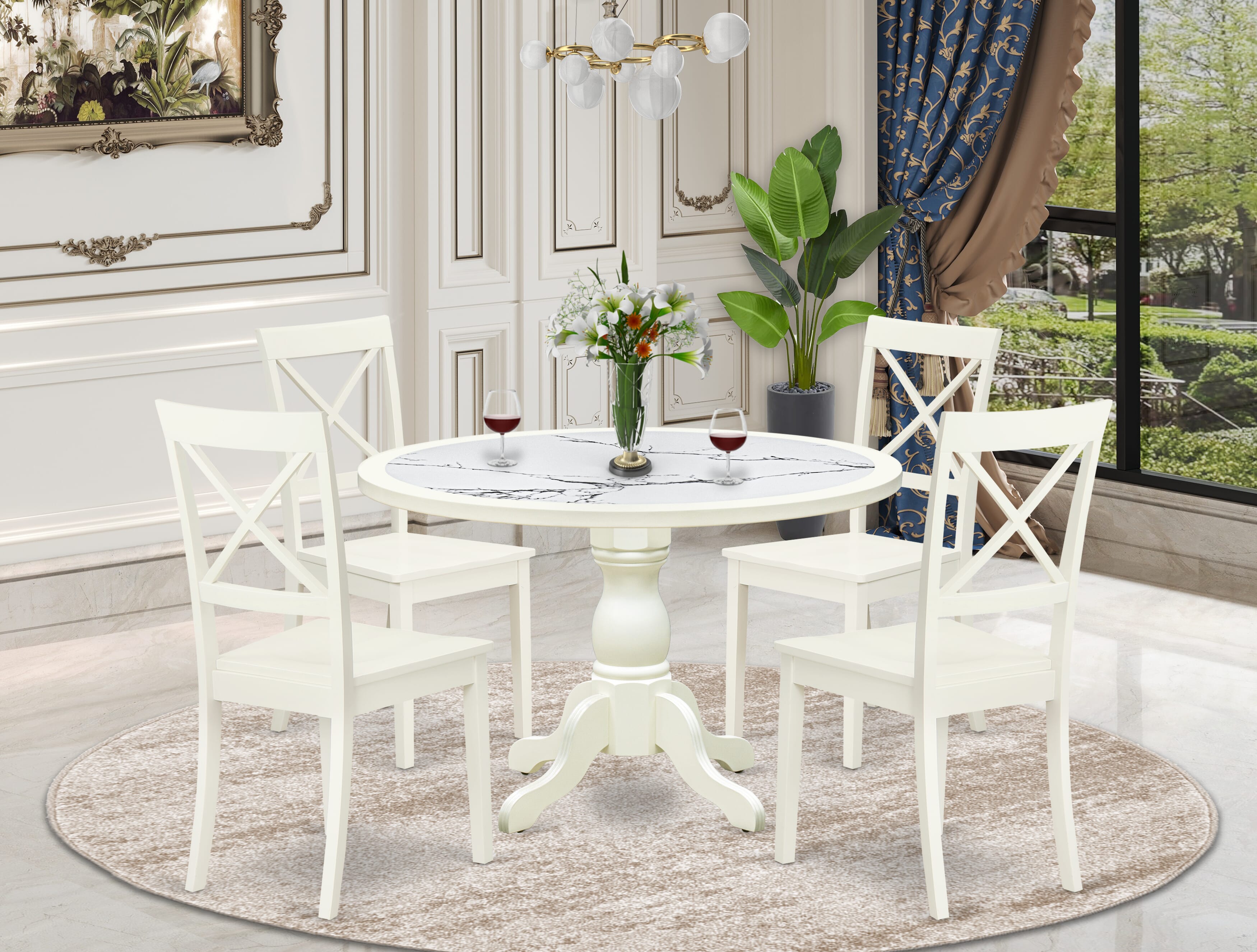 Luxe by East West Furniture 48BO5-204-W 5-Pc Kitchen Dining Table Set Include a Dining Table with Veined Marble Pattern Tabletop and 4 Wooden Chairs, Linen white