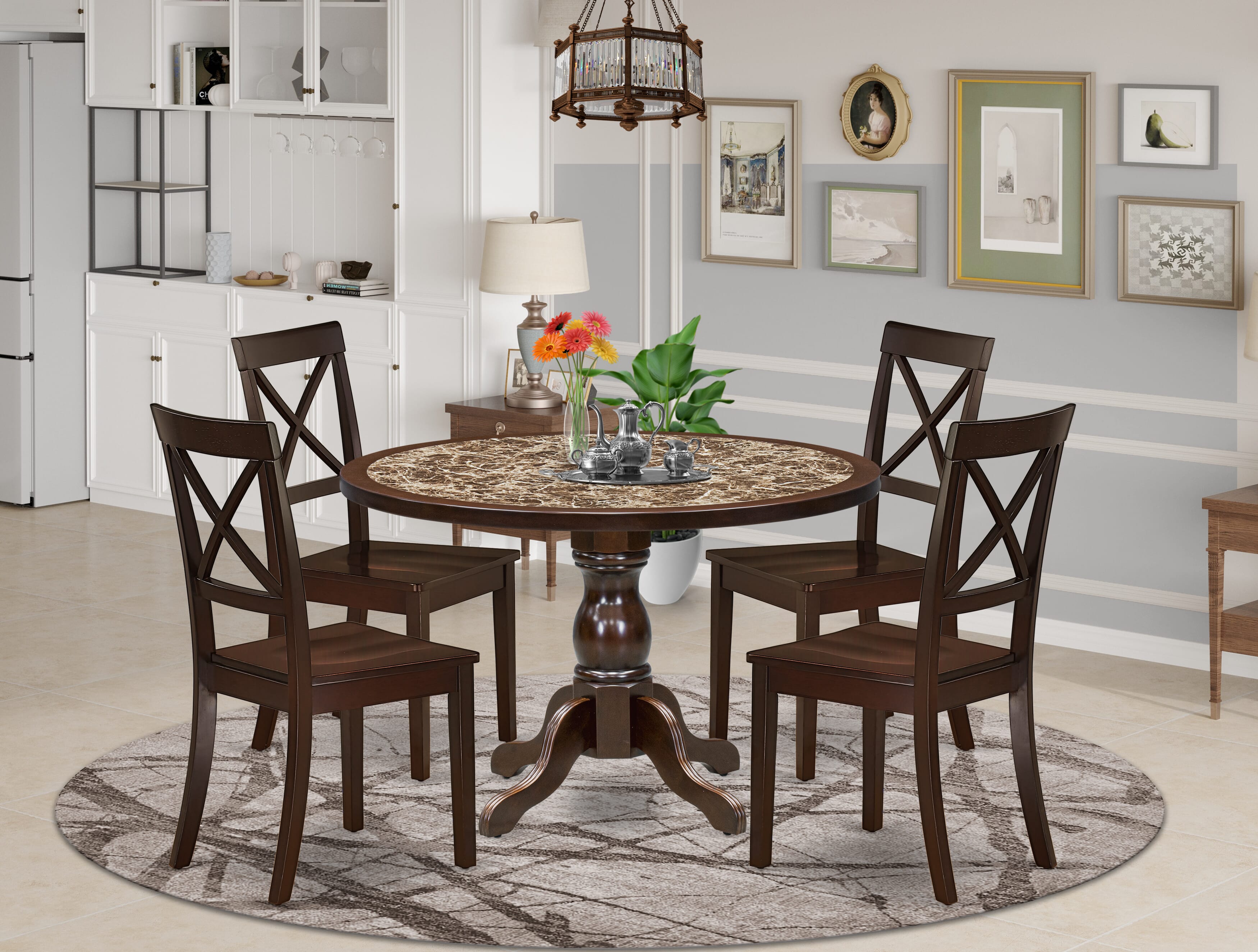 Luxe by East West Furniture 48BO5-312-W 5-Pc Kitchen Dining Table Set Include a Dining Table with Rippled Sand Marble Pattern Tabletop and 4 Wooden Chairs, Mahogany