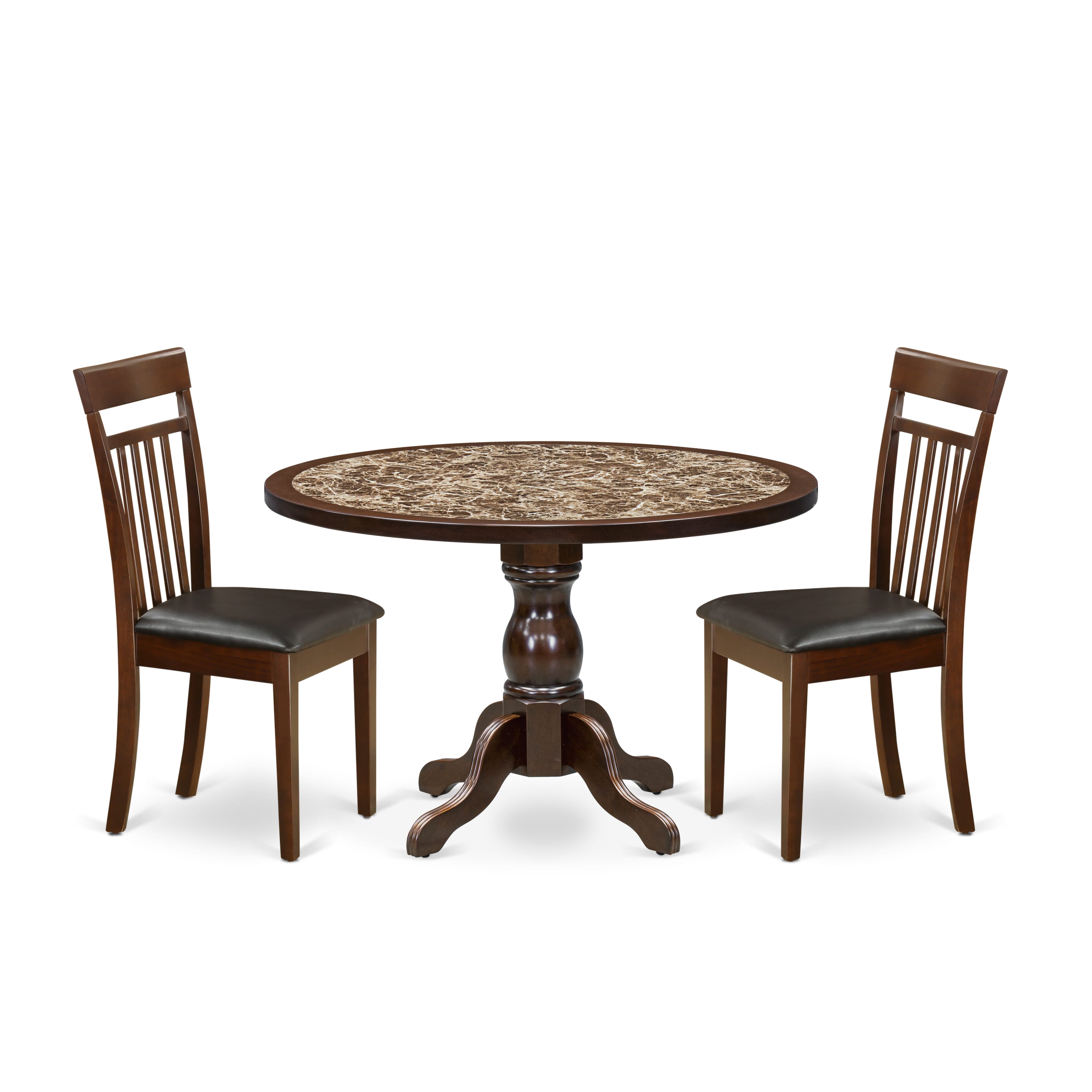 Luxe by East West Furniture 48CA3-312-LC 3-Pc Mid Century Dining Set Include a Table with Rippled Sand Marble Pattern Tabletop and 2 Mahogany Faux Leather Chairs, Mahogany