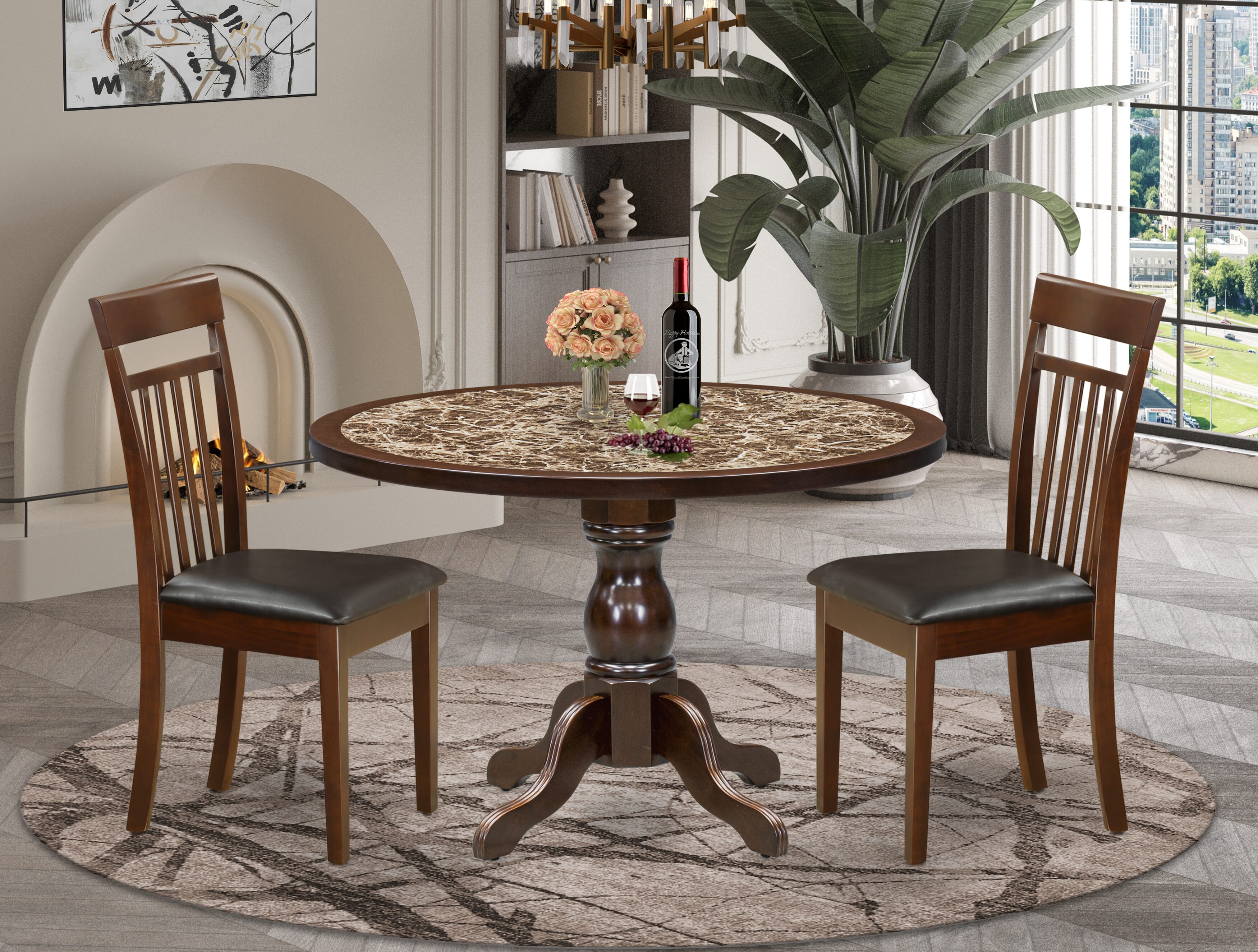 Luxe by East West Furniture 48CA3-312-LC 3-Pc Mid Century Dining Set Include a Table with Rippled Sand Marble Pattern Tabletop and 2 Mahogany Faux Leather Chairs, Mahogany