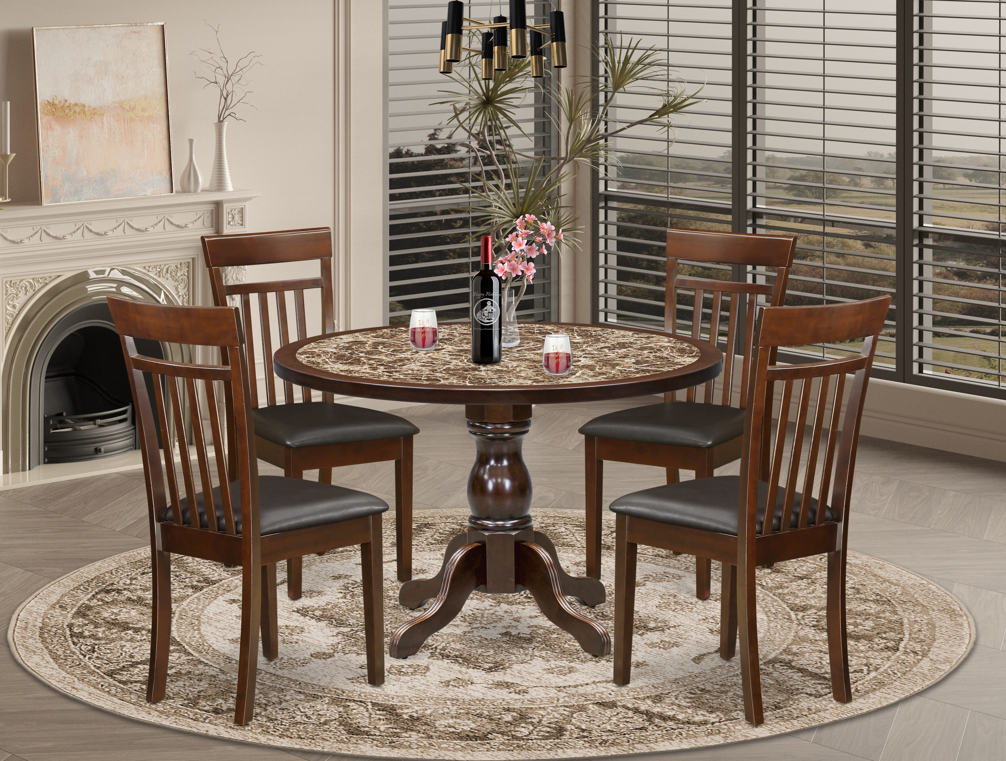 Luxe by East West Furniture 48CA5-312-LC 5-Pc Dining Room Table Set Include a Dining Table with Rippled Sand Marble Pattern Tabletop and 4 Mahogany Faux Leather Chairs, Mahogany
