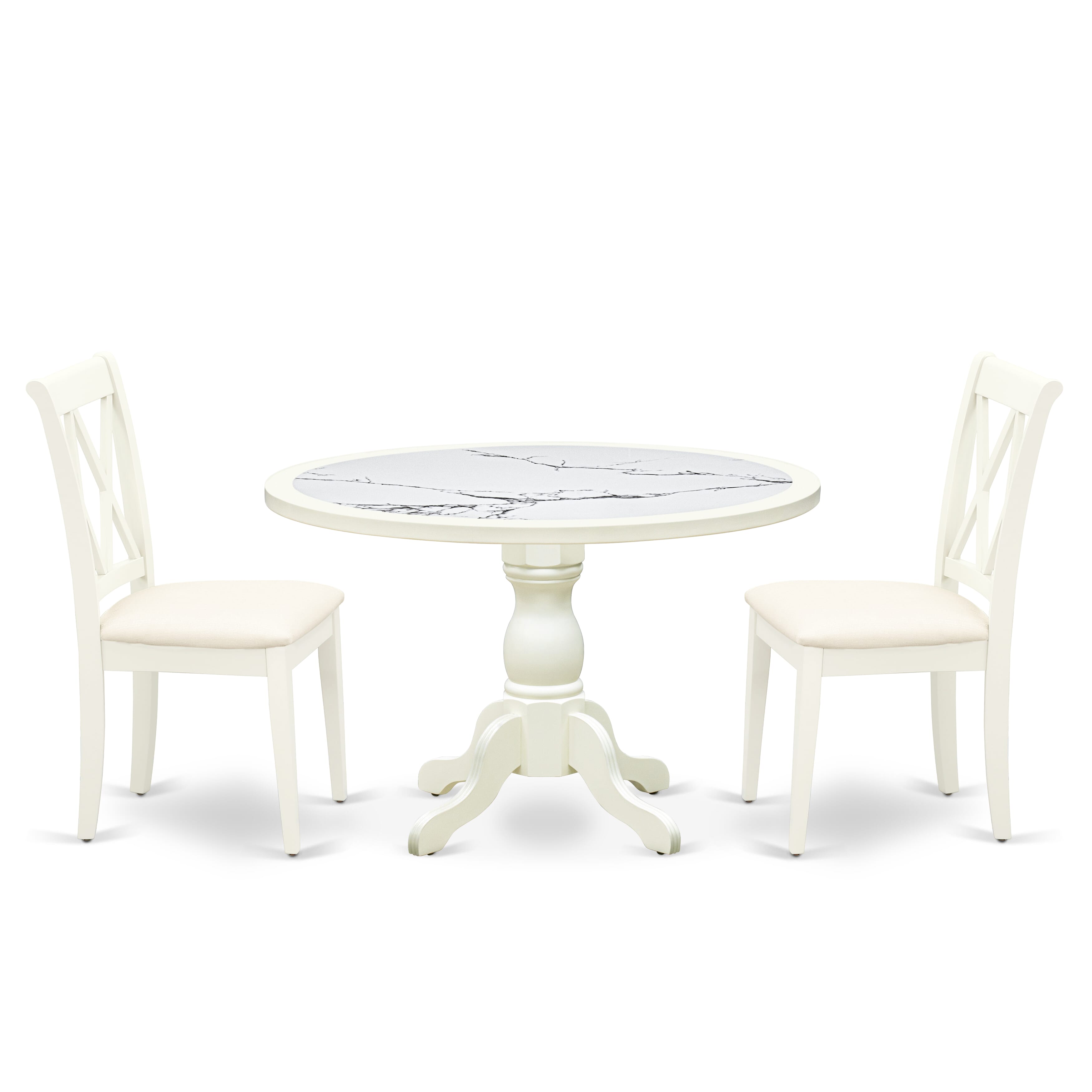 Luxe by East West Furniture 48CL3-204-C 3-Pc Mid Century Dining Set Include a Table with Veined Marble Pattern Tabletop and 2 Linen white Linen Fabric Chairs, Linen white
