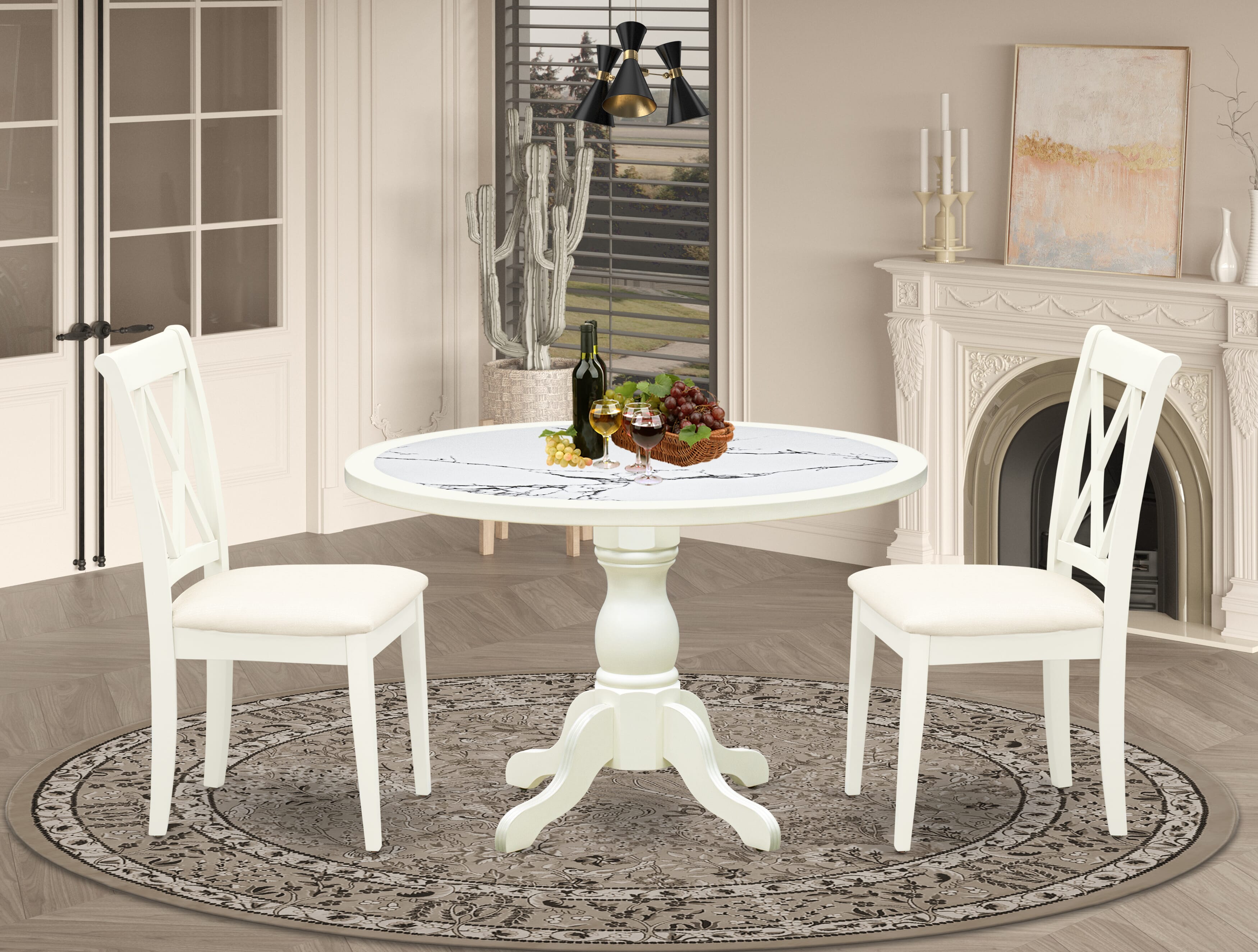 Luxe by East West Furniture 48CL3-204-C 3-Pc Mid Century Dining Set Include a Table with Veined Marble Pattern Tabletop and 2 Linen white Linen Fabric Chairs, Linen white