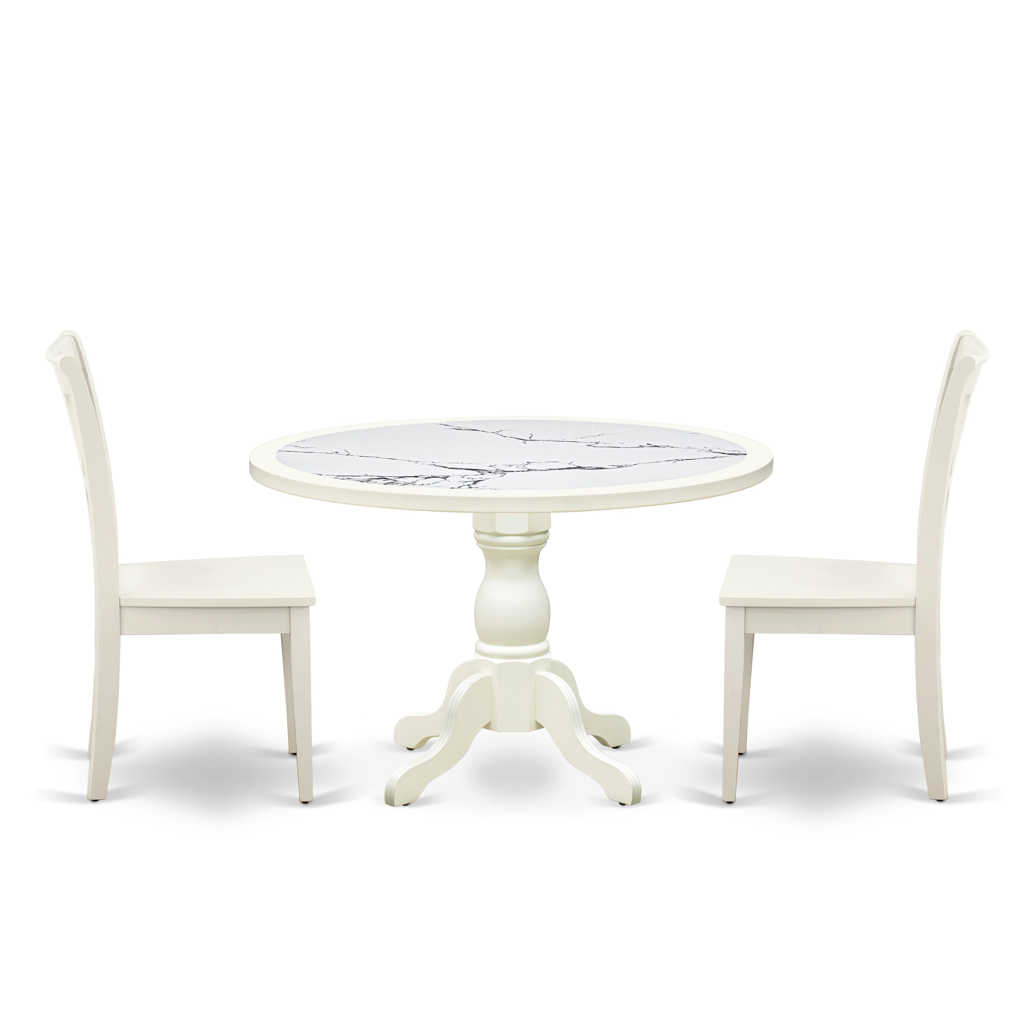Luxe by East West Furniture 48CL3-204-W 3-Pc Dining Table Set Include a Dining Table with Veined Marble Pattern Tabletop and 2 Wooden Chairs, Linen white