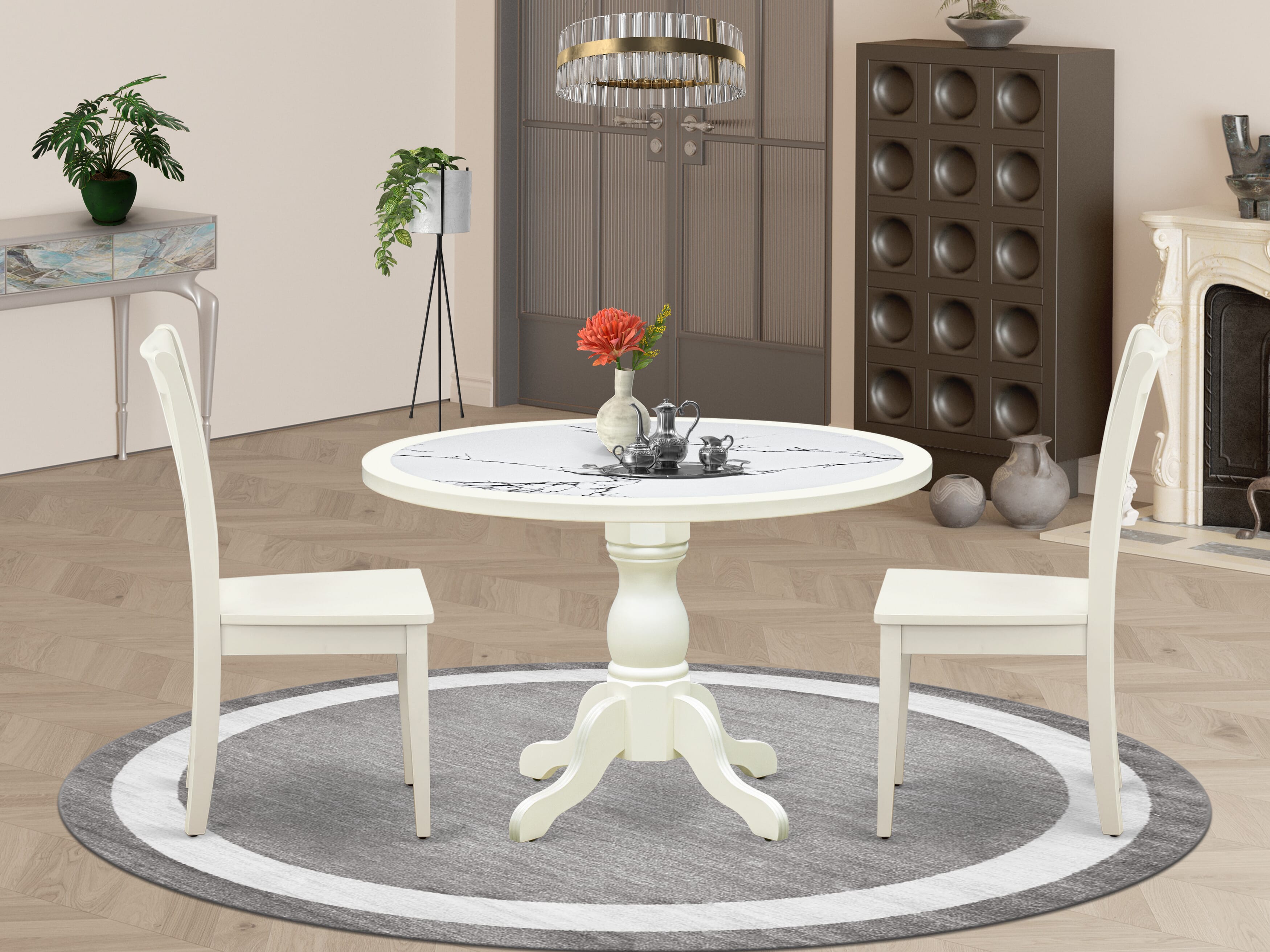 Luxe by East West Furniture 48CL3-204-W 3-Pc Dining Table Set Include a Dining Table with Veined Marble Pattern Tabletop and 2 Wooden Chairs, Linen white