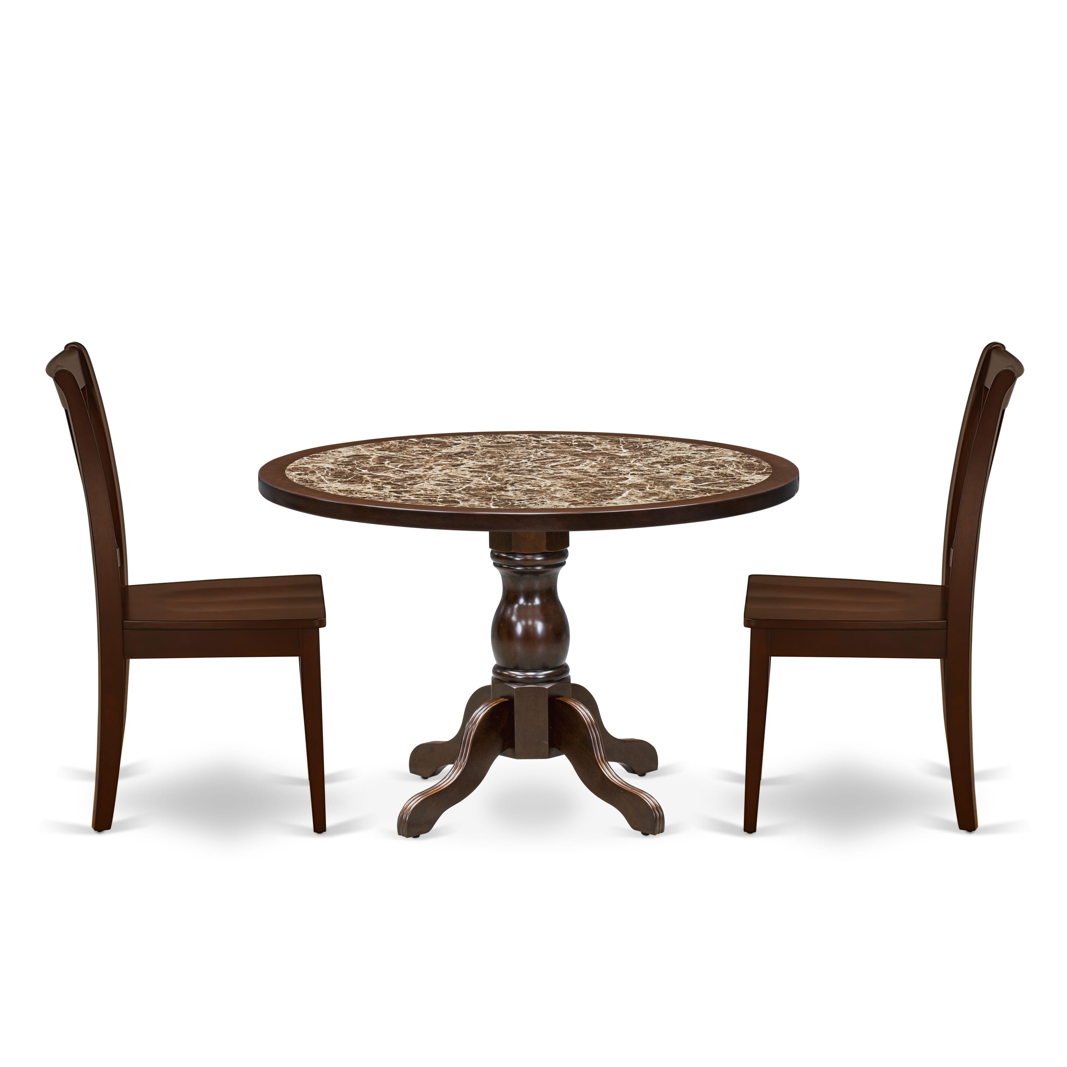 Luxe by East West Furniture 48CL3-312-W 3-Pc Dining Table Set Include a Dining Table with Rippled Sand Marble Pattern Tabletop and 2 Wooden Chairs, Mahogany