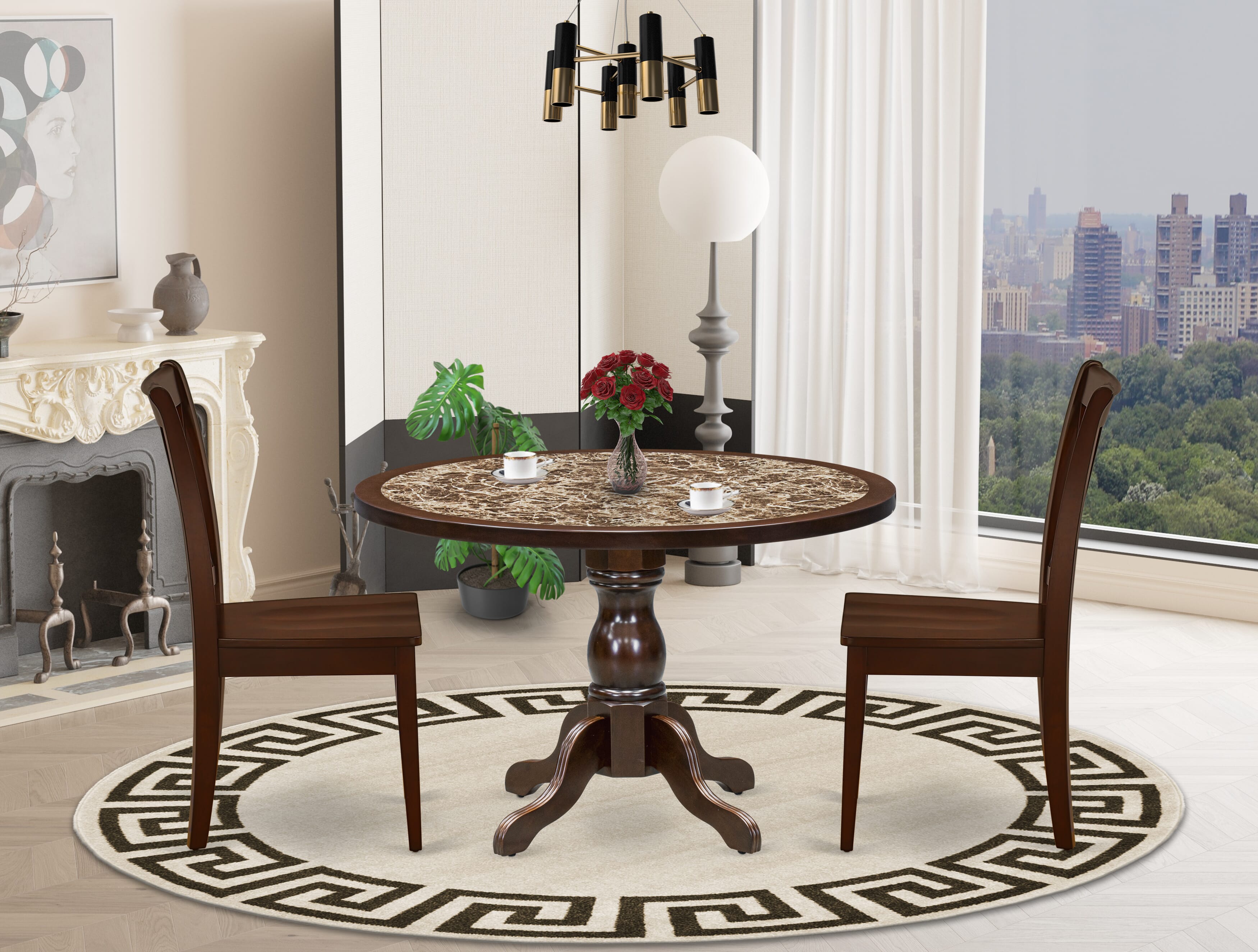 Luxe by East West Furniture 48CL3-312-W 3-Pc Dining Table Set Include a Dining Table with Rippled Sand Marble Pattern Tabletop and 2 Wooden Chairs, Mahogany