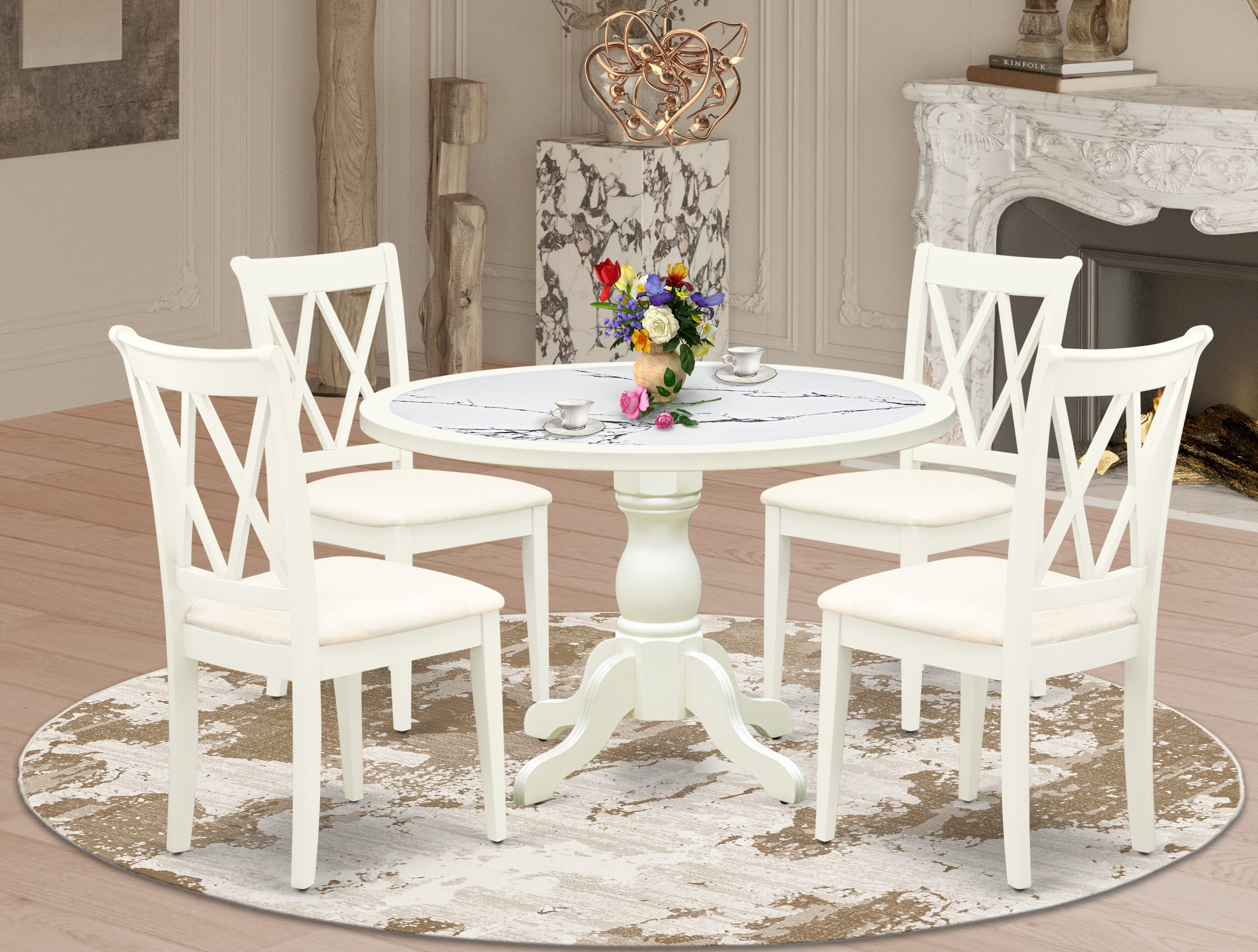 Luxe by East West Furniture 48CL5-204-C 5-Pc Dining Room Table Set Include a Dining Table with Veined Marble Pattern Tabletop and 4 Linen white Linen Fabric Chairs, Linen white