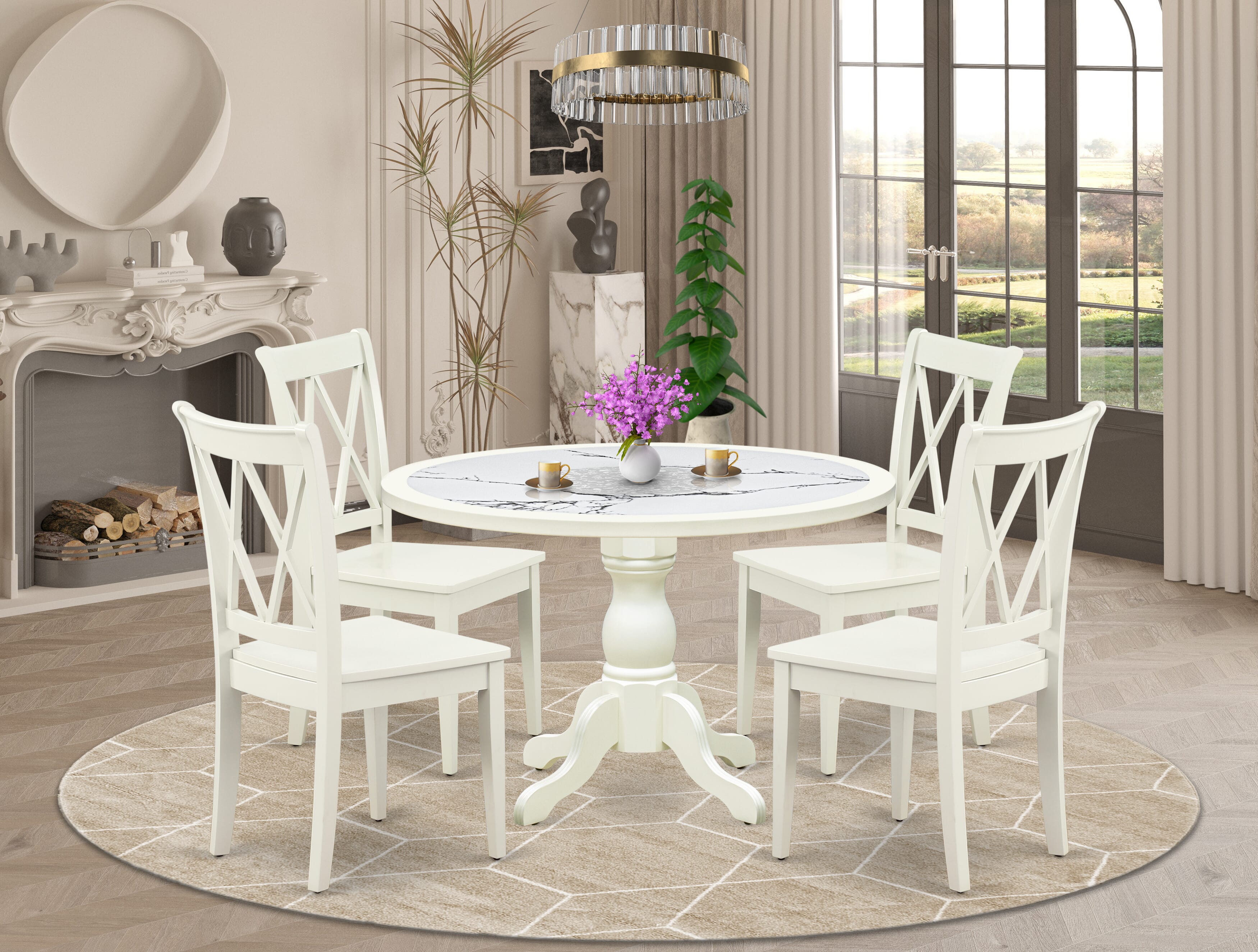 Luxe by East West Furniture 48CL5-204-W 5-Pc Modern Dining Table Set Include a Dining Table with Veined Marble Pattern Tabletop and 4 Wooden Chairs, Linen white