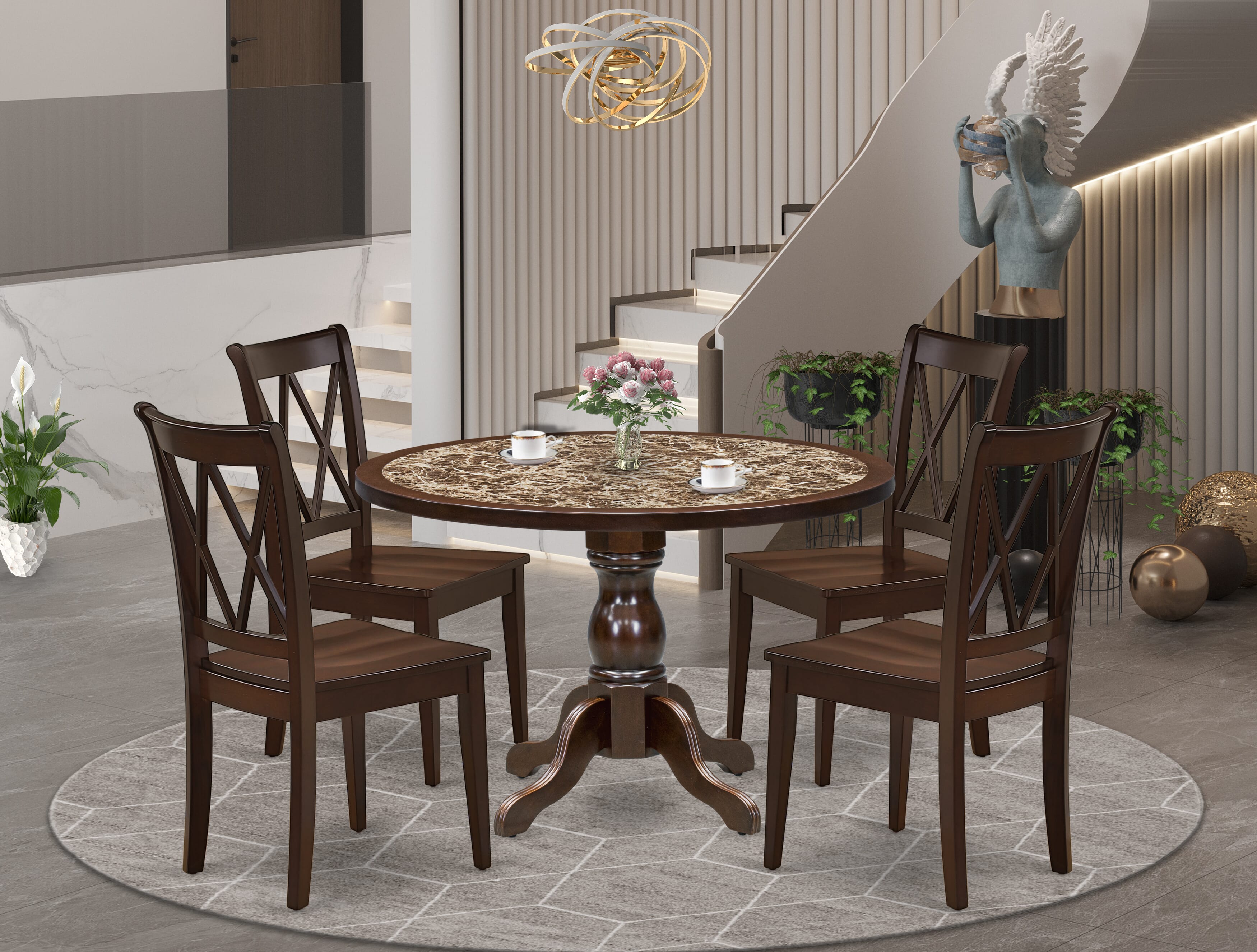 Luxe by East West Furniture 48CL5-312-W 5-Pc Modern Dining Table Set Include a Dining Table with Rippled Sand Marble Pattern Tabletop and 4 Wooden Chairs, Mahogany