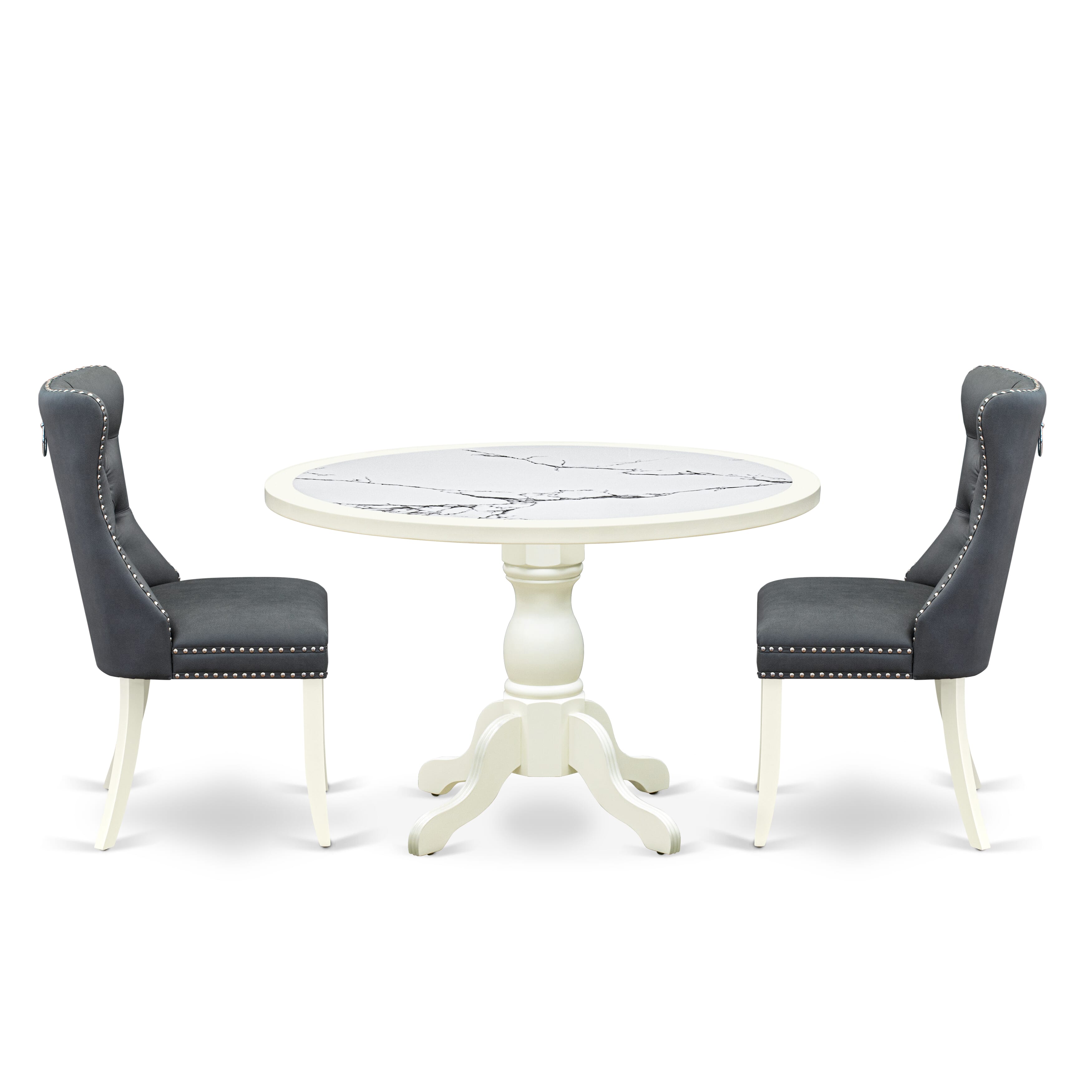 Luxe by East West Furniture 48DA3-204-13 3-Pc Modern Dining Set Include a Dining Table with Veined Marble Pattern Tabletop and 2 Platinum Gray Faux Leather Chairs, Linen white