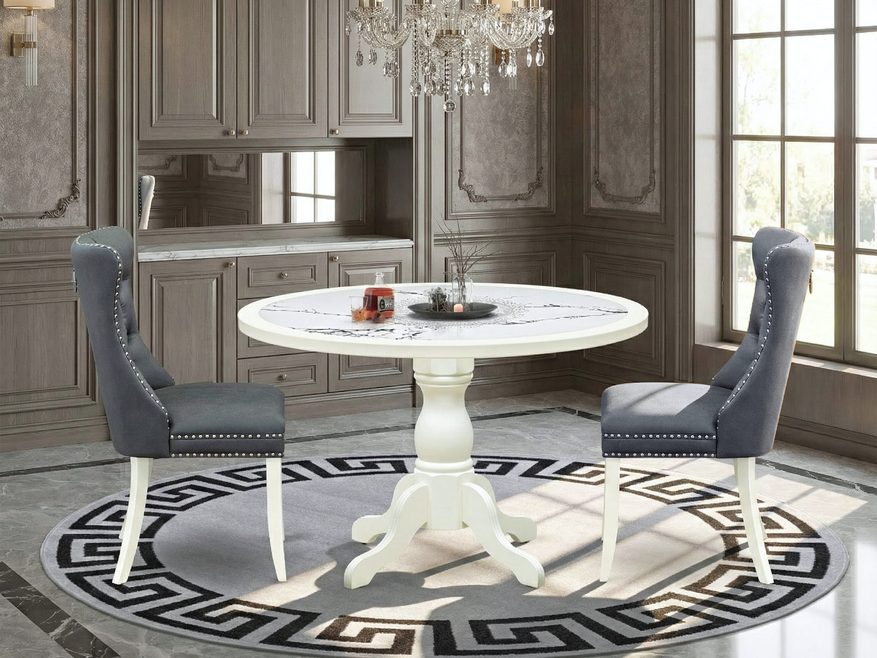 Luxe by East West Furniture 48DA3-204-13 3-Pc Modern Dining Set Include a Dining Table with Veined Marble Pattern Tabletop and 2 Platinum Gray Faux Leather Chairs, Linen white