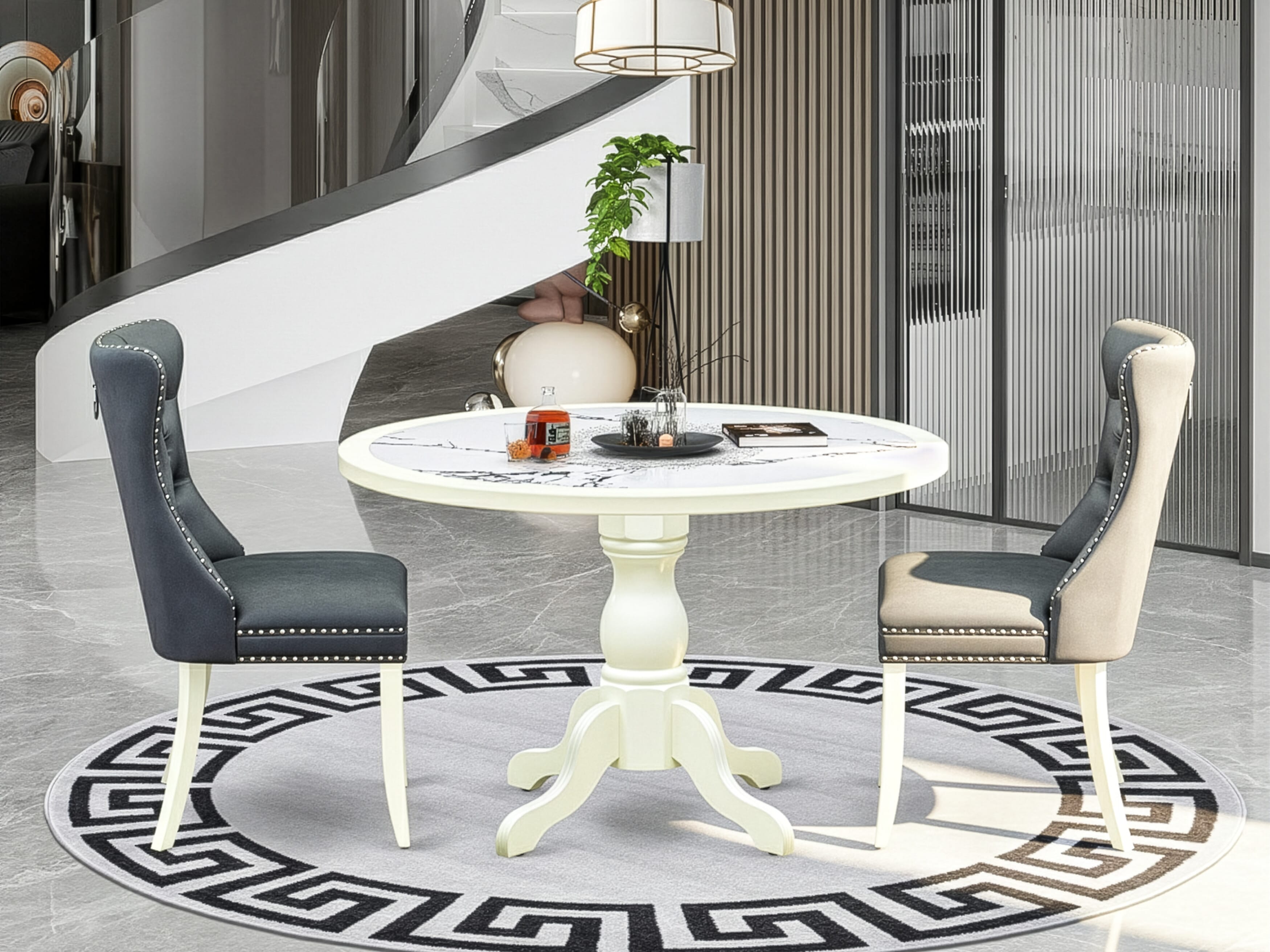 Luxe by East West Furniture 48DA3-204-13 3-Pc Modern Dining Set Include a Dining Table with Veined Marble Pattern Tabletop and 2 Platinum Gray Faux Leather Chairs, Linen white