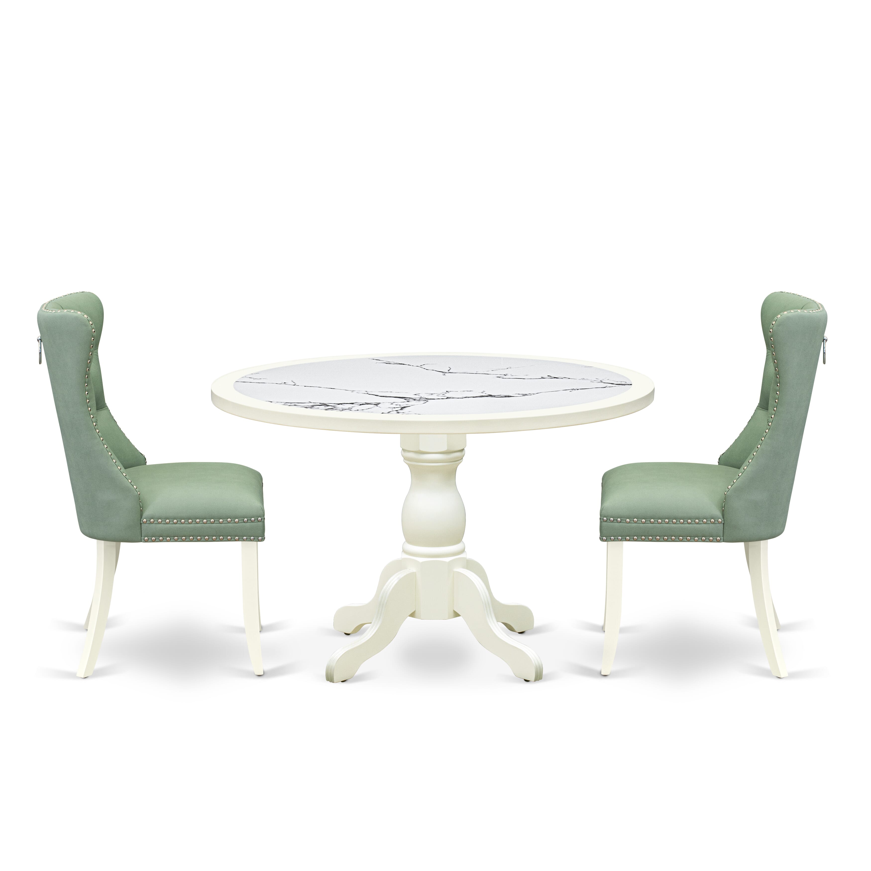 Luxe by East West Furniture 48DA3-204-22 3-Pc Dining Table Set Include a Dining Table with Veined Marble Pattern Tabletop and 2 Willow Green Faux Leather Chairs, Linen white