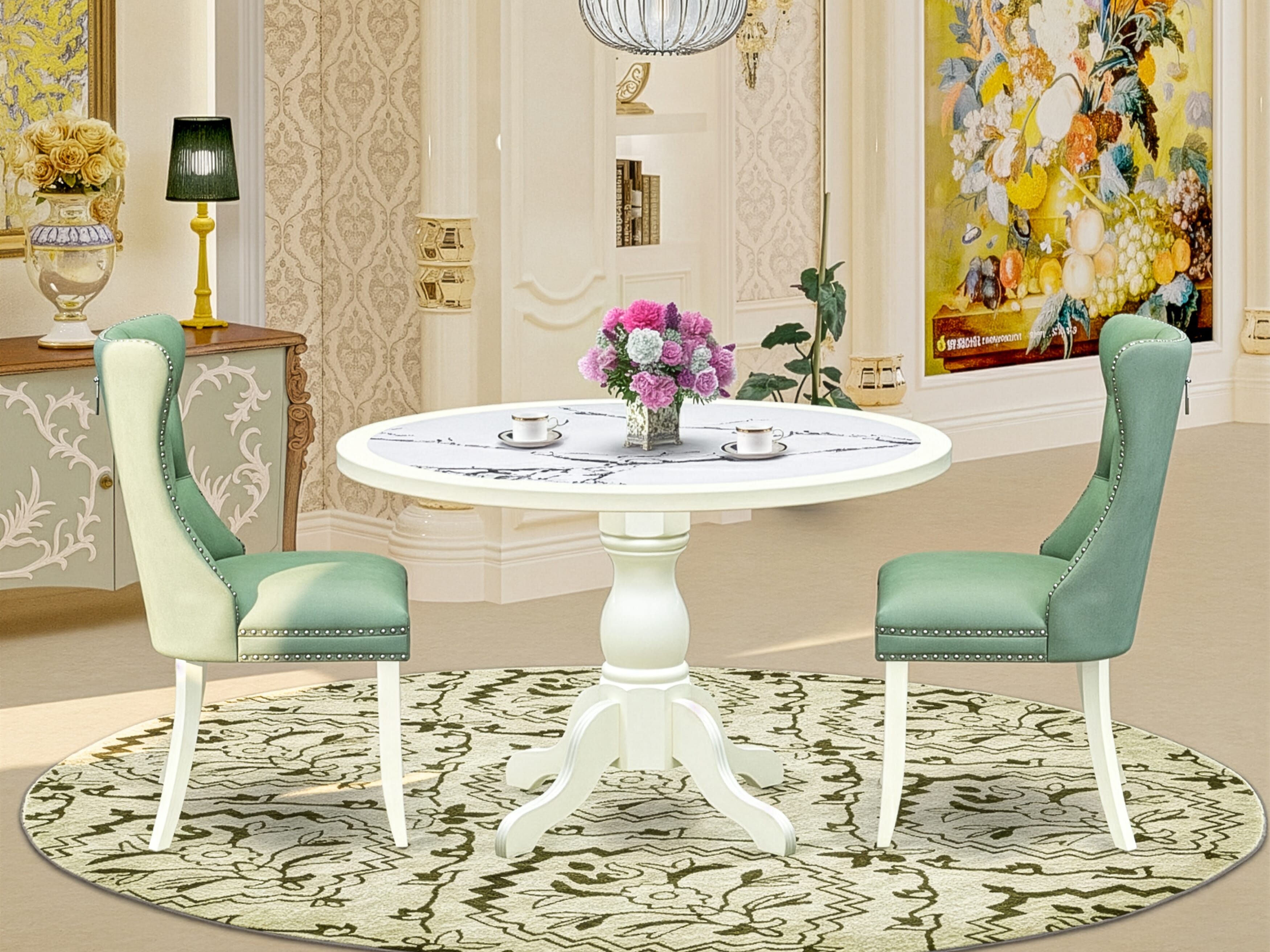 Luxe by East West Furniture 48DA3-204-22 3-Pc Dining Table Set Include a Dining Table with Veined Marble Pattern Tabletop and 2 Willow Green Faux Leather Chairs, Linen white