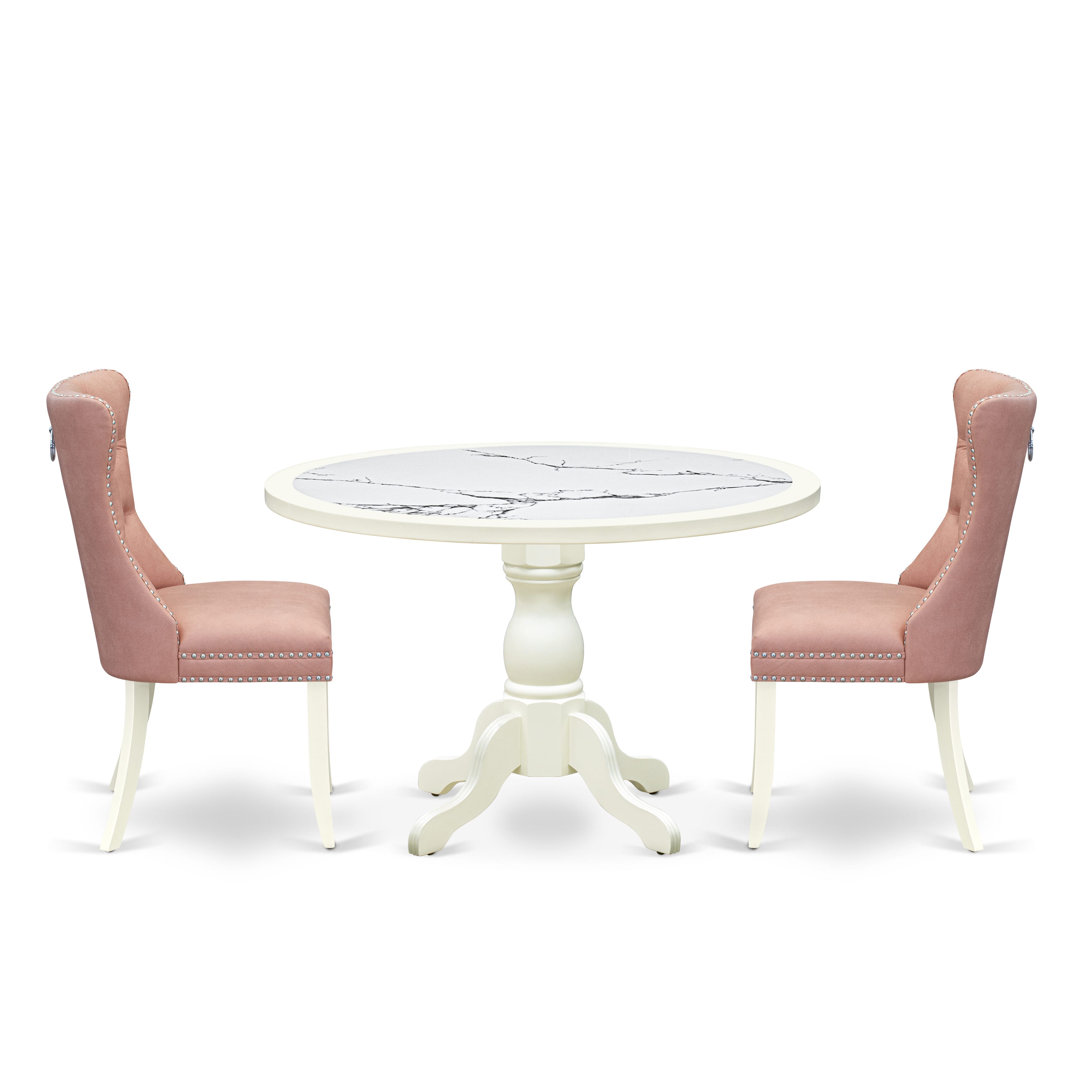 Luxe by East West Furniture 48DA3-204-23 3-Pc Dining Room Table Set Include a Dining Table with Veined Marble Pattern Tabletop and 2 Beige Red Faux Leather Chairs, Linen white