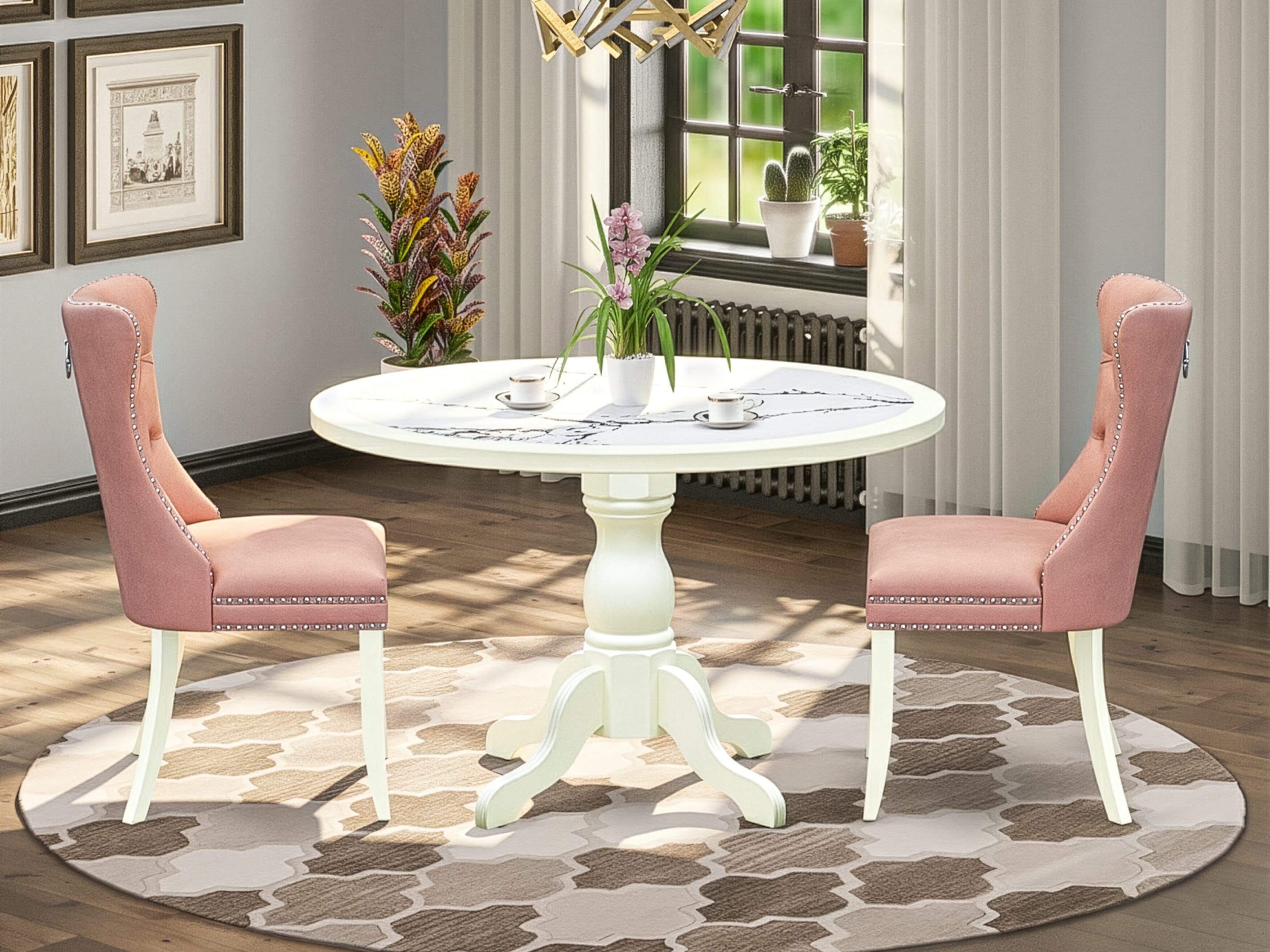 Luxe by East West Furniture 48DA3-204-23 3-Pc Dining Room Table Set Include a Dining Table with Veined Marble Pattern Tabletop and 2 Beige Red Faux Leather Chairs, Linen white