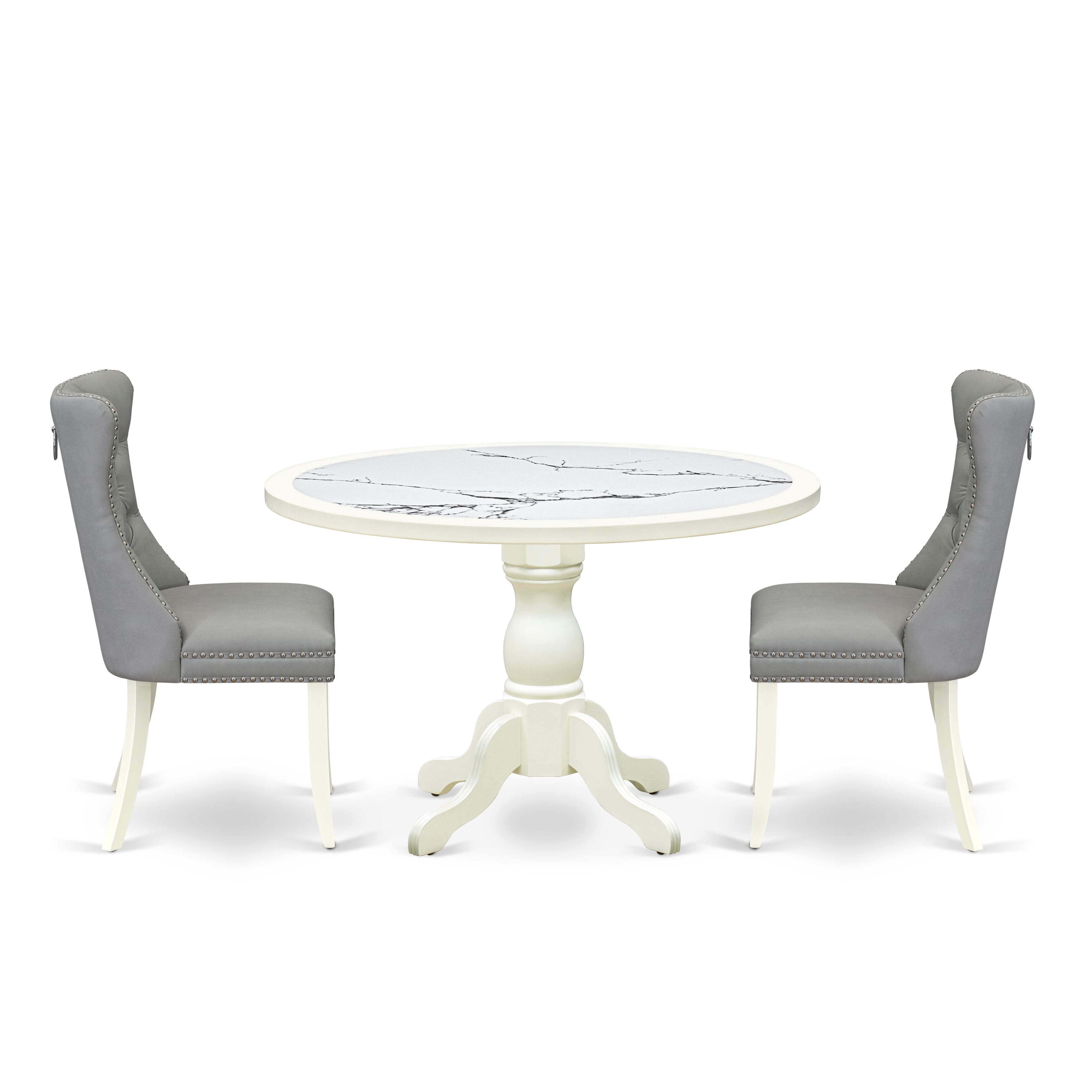 Luxe by East West Furniture 48DA3-204-27 3-Pc Modern Dining Table Set Include a Dining Table with Veined Marble Pattern Tabletop and 2 Light Gray Linen Fabric Chairs, Linen white