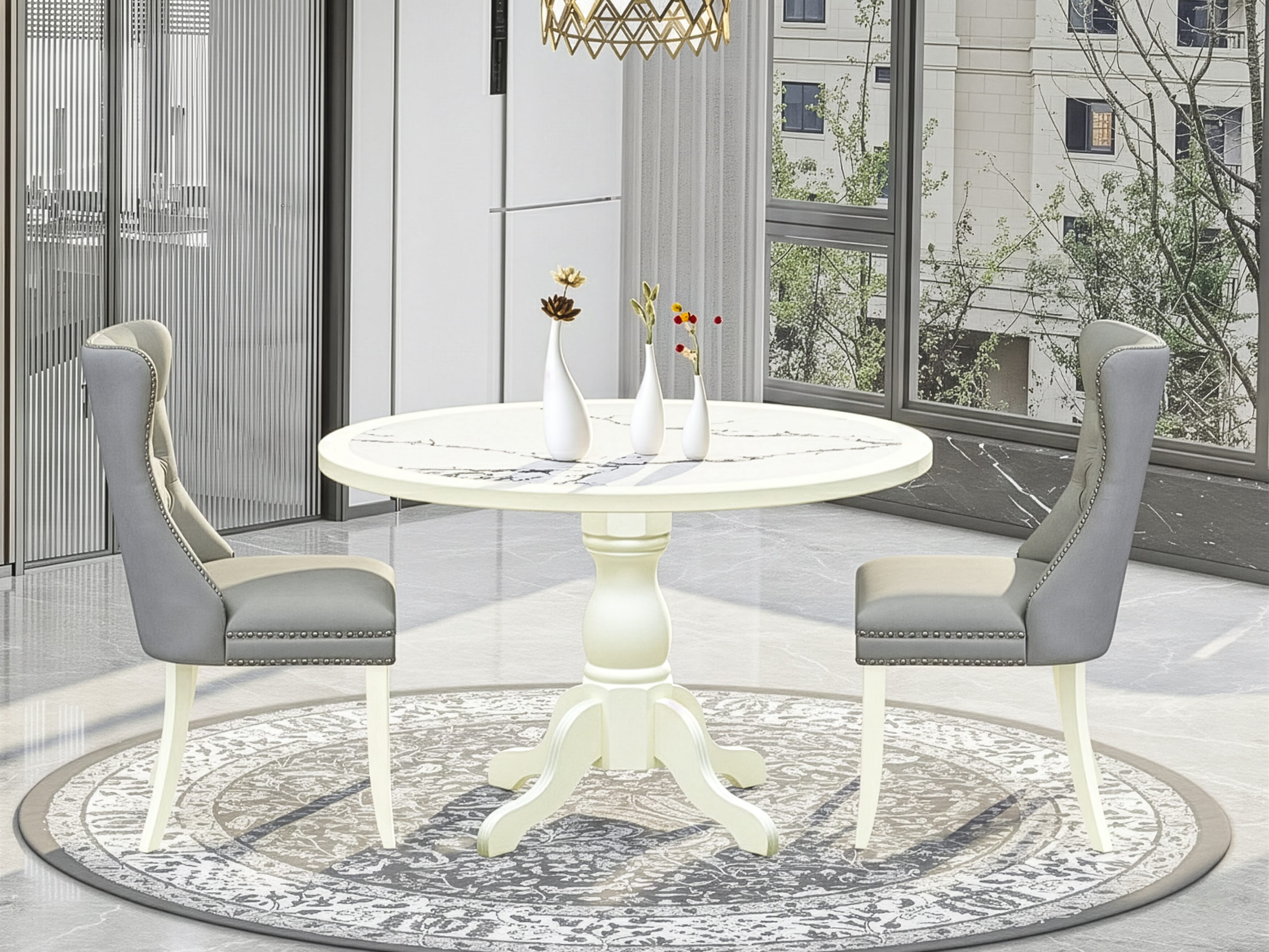 Luxe by East West Furniture 48DA3-204-27 3-Pc Modern Dining Table Set Include a Dining Table with Veined Marble Pattern Tabletop and 2 Light Gray Linen Fabric Chairs, Linen white