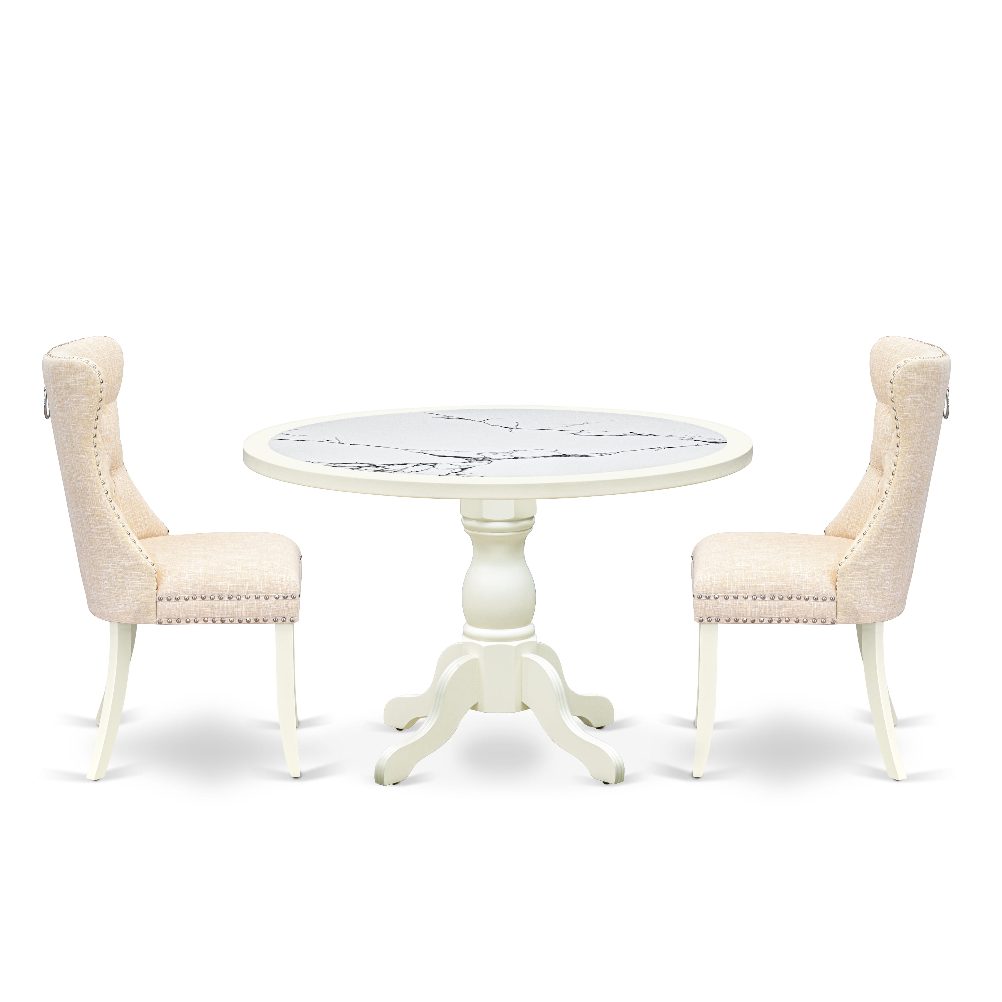 Luxe by East West Furniture 48DA3-204-32 3-Pc Mid Century Dining Set Include a Dining Table with Veined Marble Pattern Tabletop and 2 Light Beige Linen Pu Chairs, Linen white
