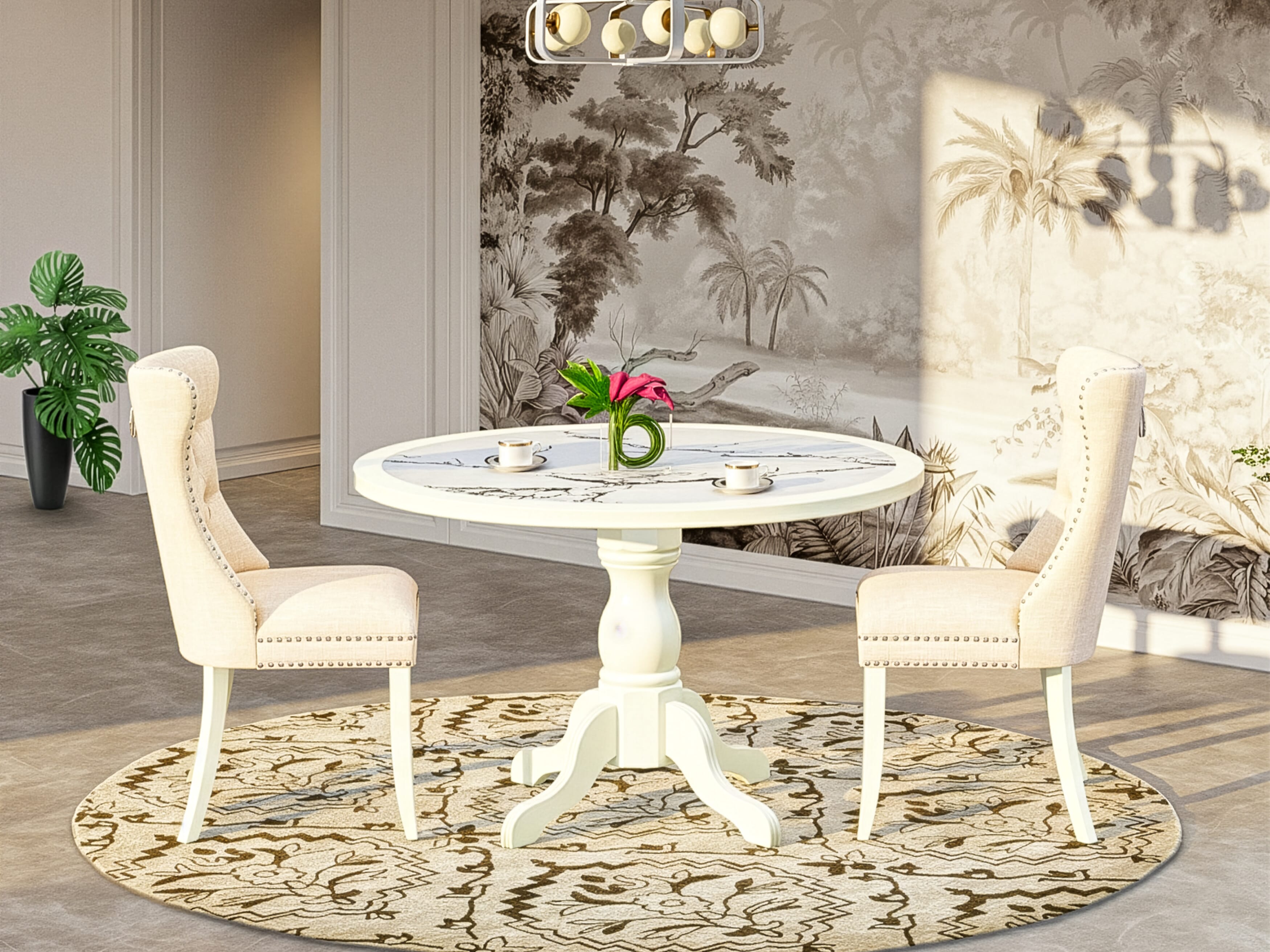 Luxe by East West Furniture 48DA3-204-32 3-Pc Mid Century Dining Set Include a Dining Table with Veined Marble Pattern Tabletop and 2 Light Beige Linen Pu Chairs, Linen white