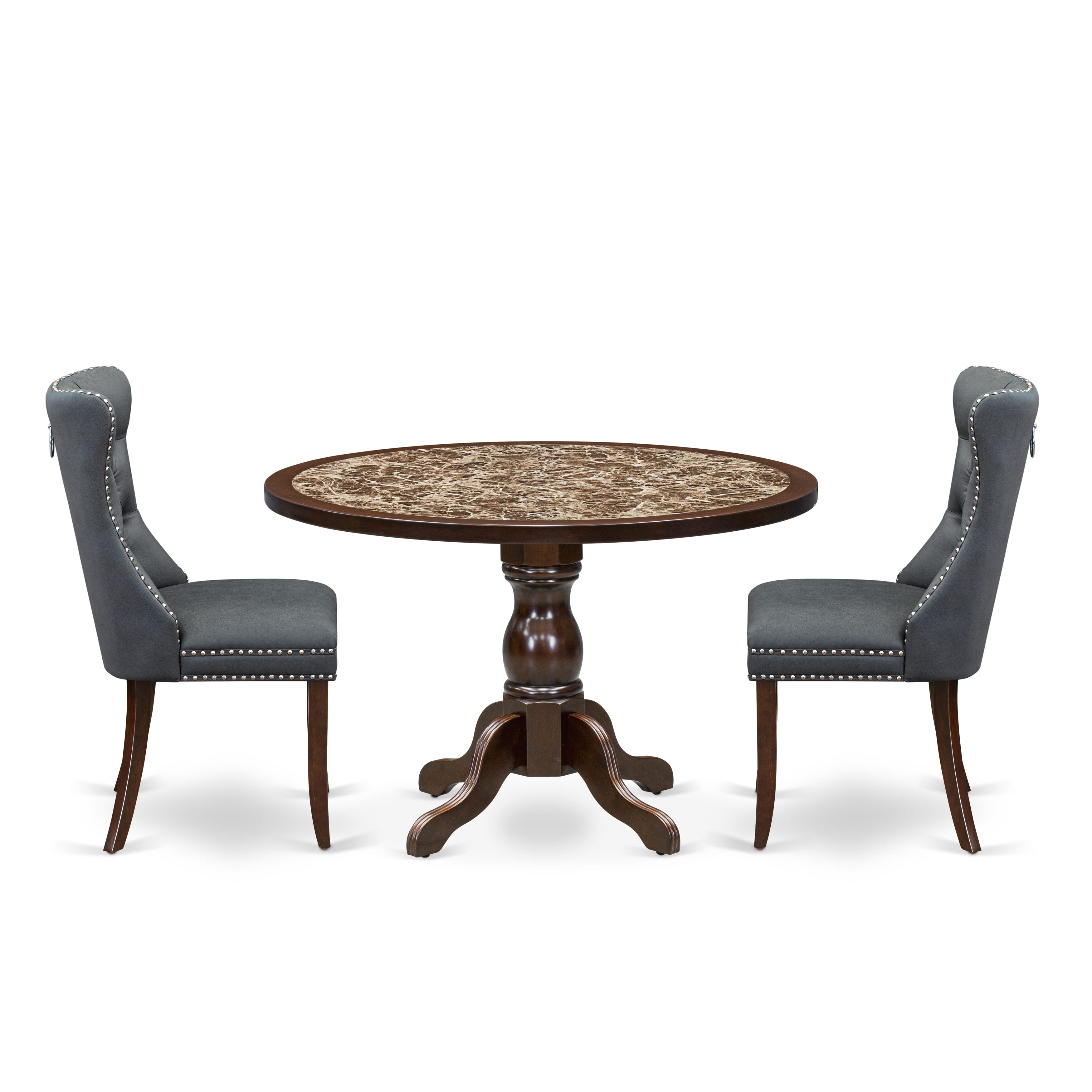Luxe by East West Furniture 48DA3-312-13 3-Pc Modern Dining Set Include a Table with Rippled Sand Marble Pattern Tabletop and 2 Platinum Gray Faux Leather Chairs, Mahogany
