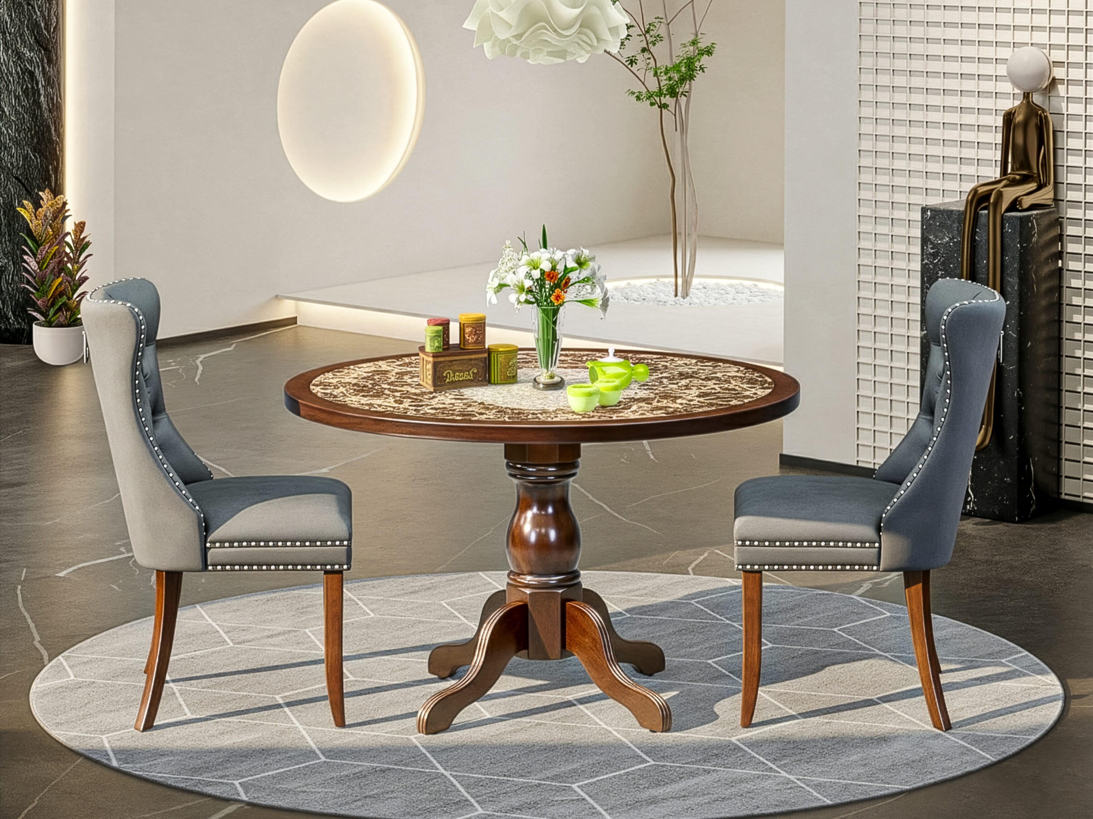 Luxe by East West Furniture 48DA3-312-13 3-Pc Modern Dining Set Include a Table with Rippled Sand Marble Pattern Tabletop and 2 Platinum Gray Faux Leather Chairs, Mahogany