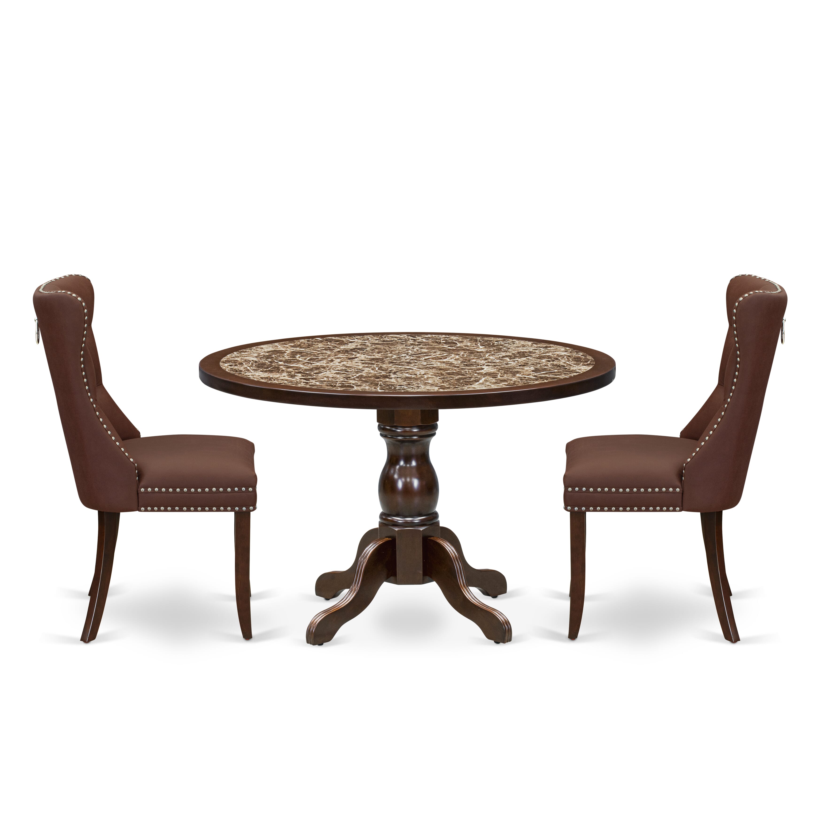 Luxe by East West Furniture 48DA3-312-26 3-Pc Kitchen Table Set Include a Dining Table with Rippled Sand Marble Pattern Tabletop and 2 Burgundy Faux Leather Chairs, Mahogany