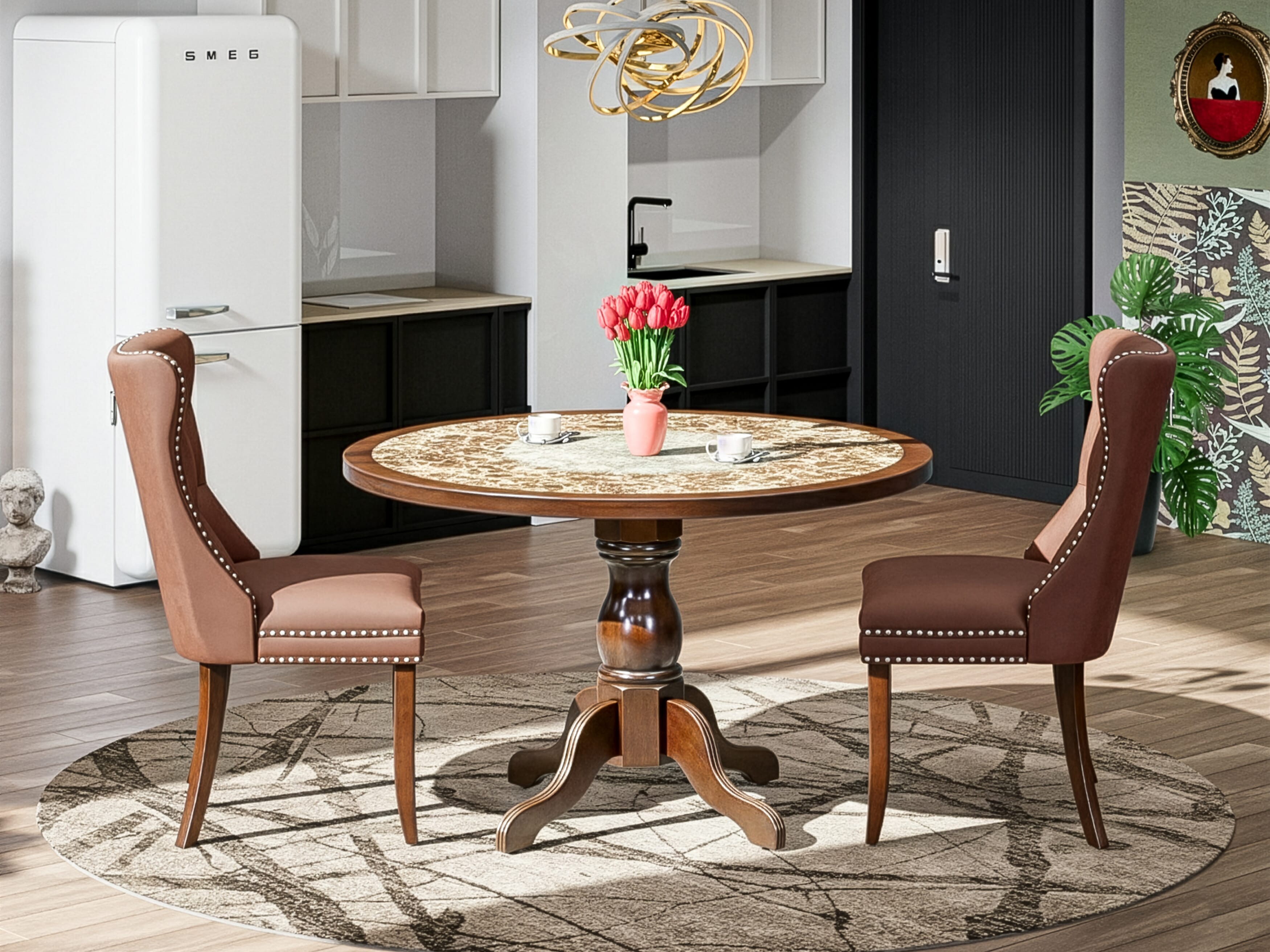 Luxe by East West Furniture 48DA3-312-26 3-Pc Kitchen Table Set Include a Dining Table with Rippled Sand Marble Pattern Tabletop and 2 Burgundy Faux Leather Chairs, Mahogany