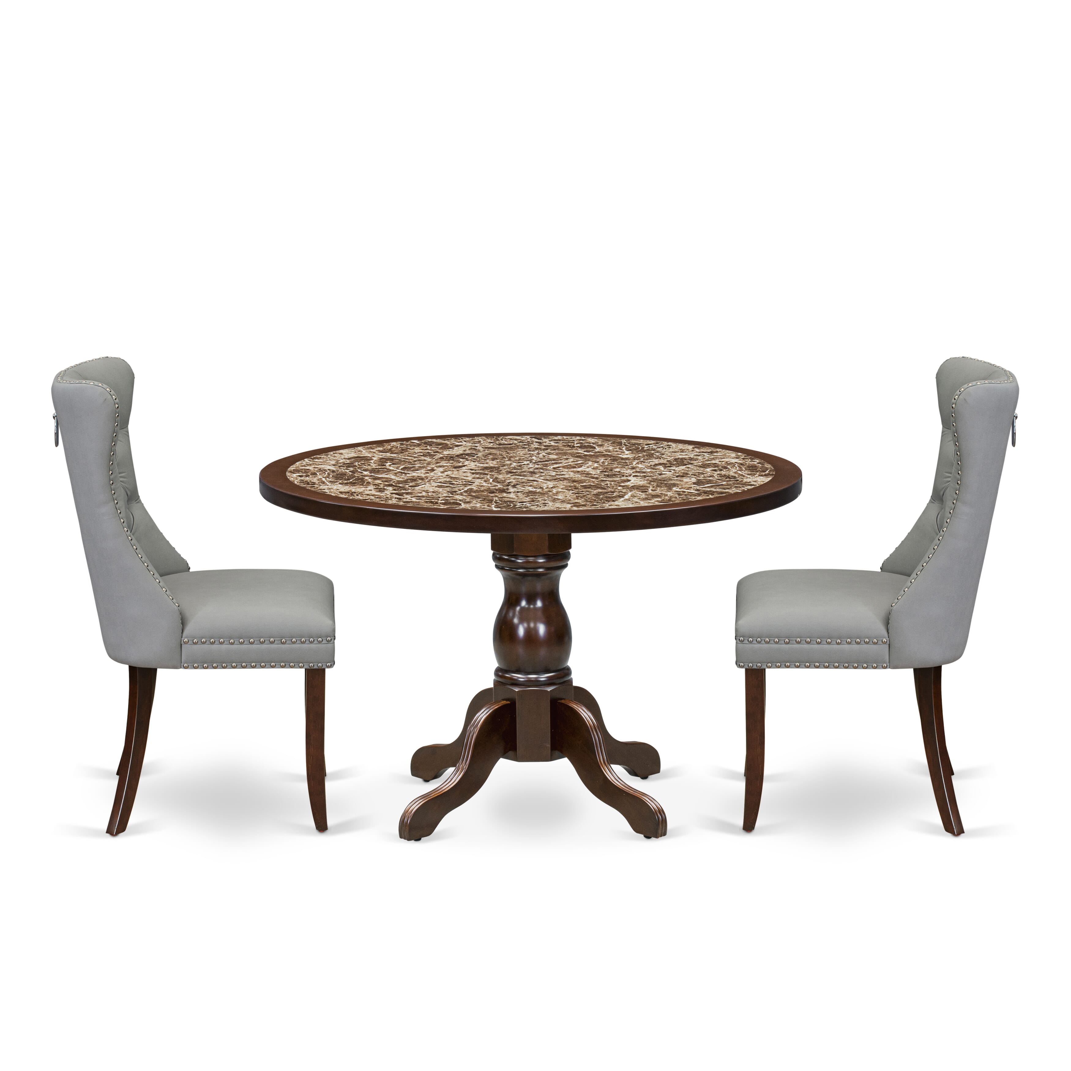 Luxe by East West Furniture 48DA3-312-27 3-Pc Dining Room Table Set Include a Dining Table with Rippled Sand Marble Pattern Tabletop and 2 Light Gray Faux Leather Chairs, Mahogany