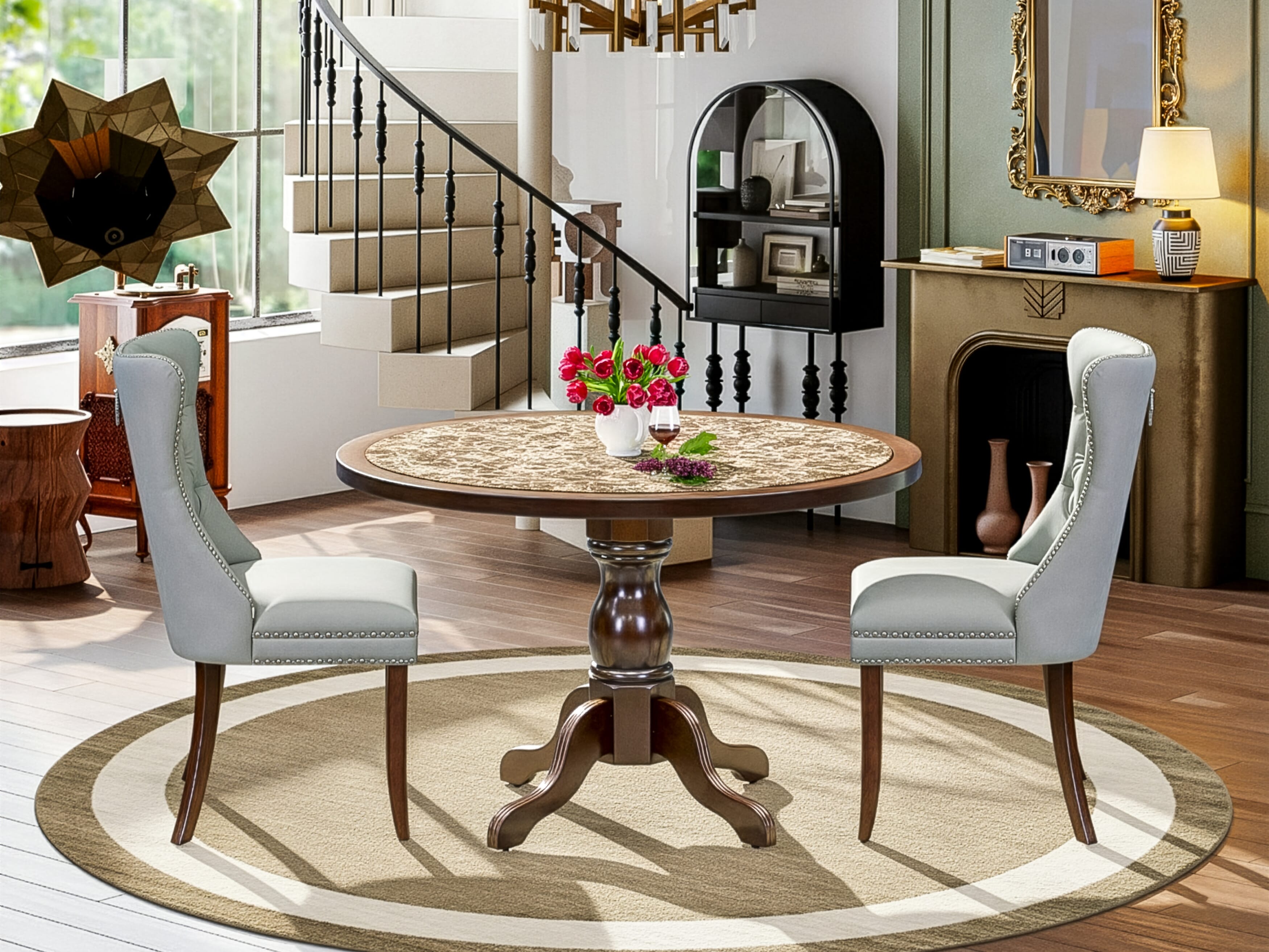 Luxe by East West Furniture 48DA3-312-27 3-Pc Dining Room Table Set Include a Dining Table with Rippled Sand Marble Pattern Tabletop and 2 Light Gray Faux Leather Chairs, Mahogany