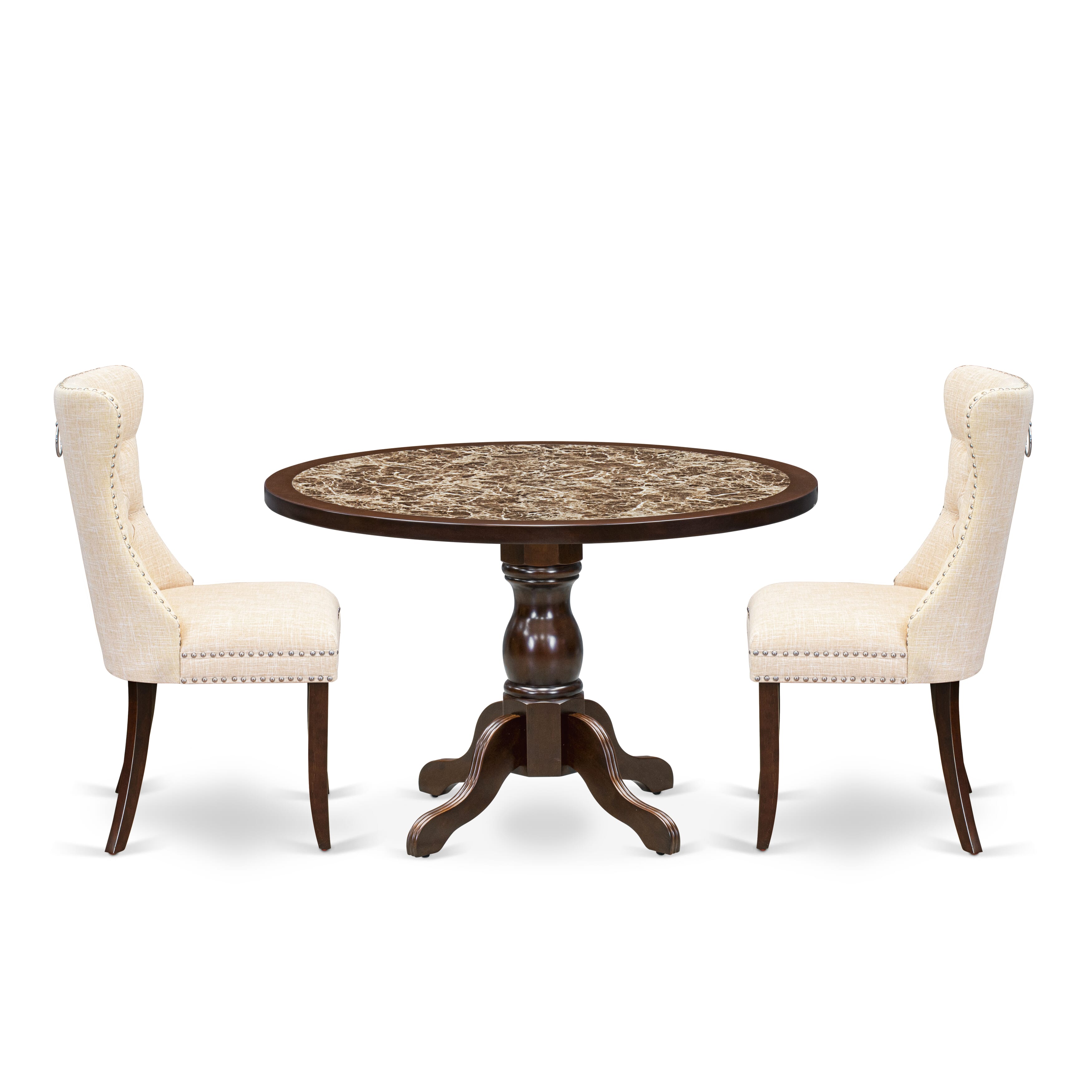 Luxe by East West Furniture 48DA3-312-32 3-Pc Modern Table Set Include a Dining Table with Rippled Sand Marble Pattern Tabletop and 2 Light Beige Linen Fabric Chairs, Mahogany