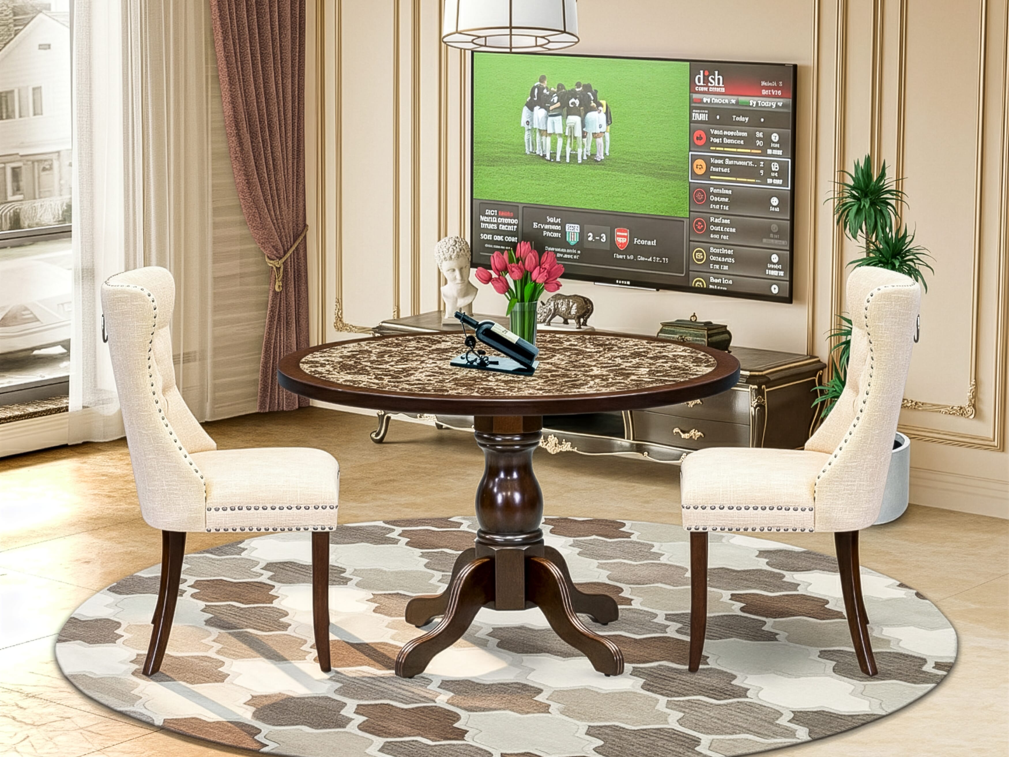 Luxe by East West Furniture 48DA3-312-32 3-Pc Modern Table Set Include a Dining Table with Rippled Sand Marble Pattern Tabletop and 2 Light Beige Linen Fabric Chairs, Mahogany