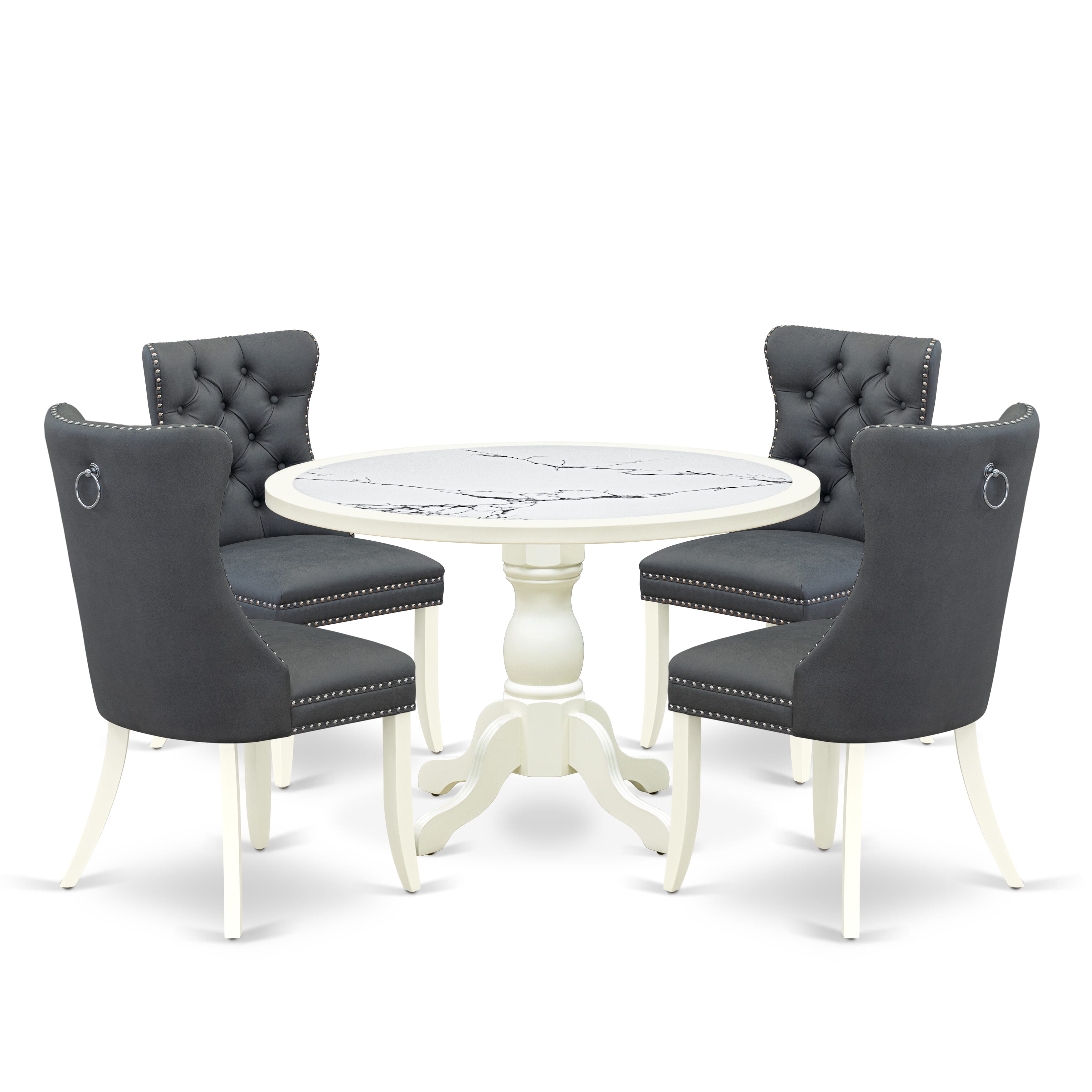 Luxe by East West Furniture 48DA5-204-13 5-Pc Mid Century Dining Set Include a Table with Veined Marble Pattern Tabletop and 4 Platinum Gray Faux Leather Chairs, Linen white