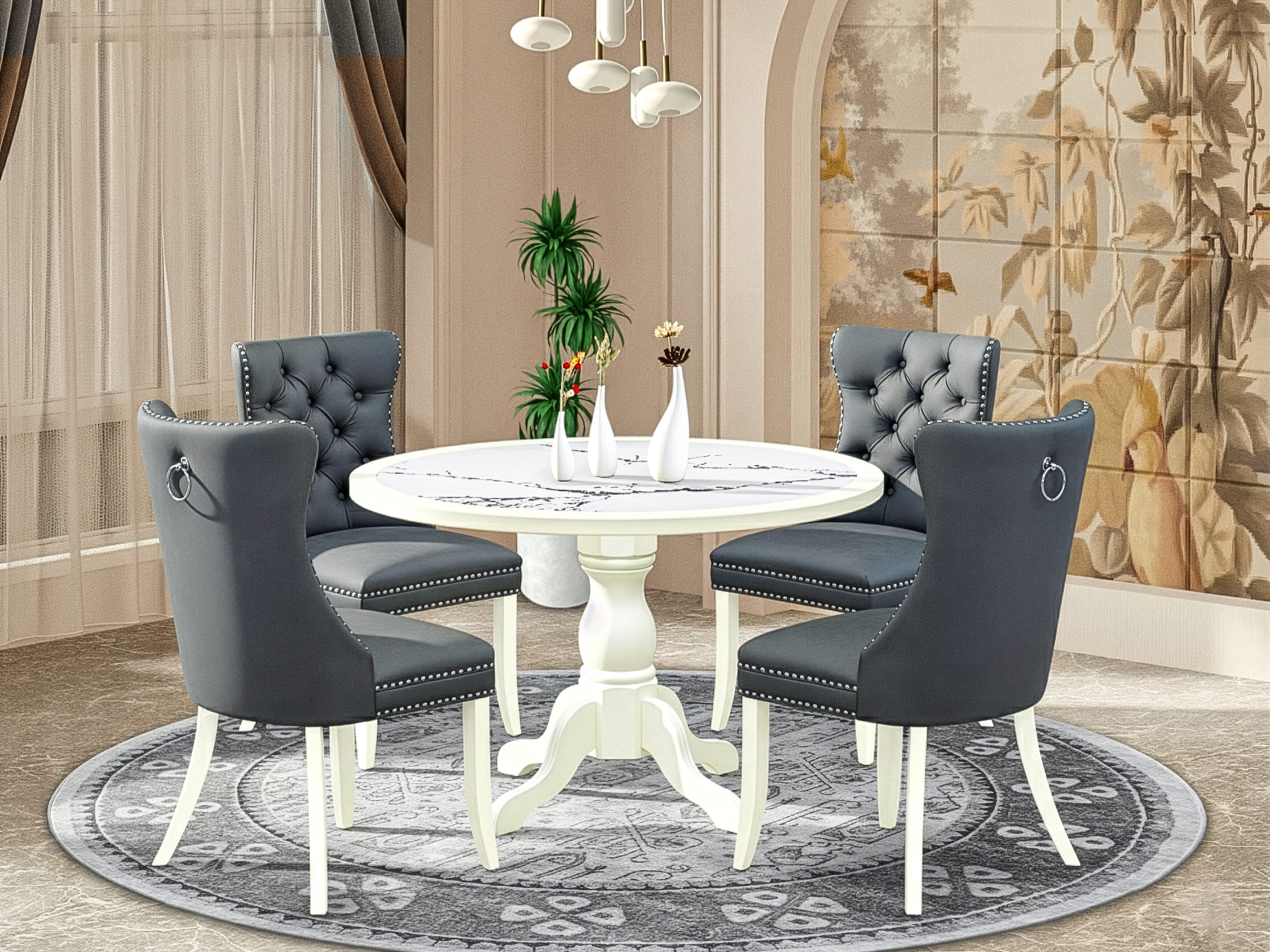 Luxe by East West Furniture 48DA5-204-13 5-Pc Mid Century Dining Set Include a Table with Veined Marble Pattern Tabletop and 4 Platinum Gray Faux Leather Chairs, Linen white